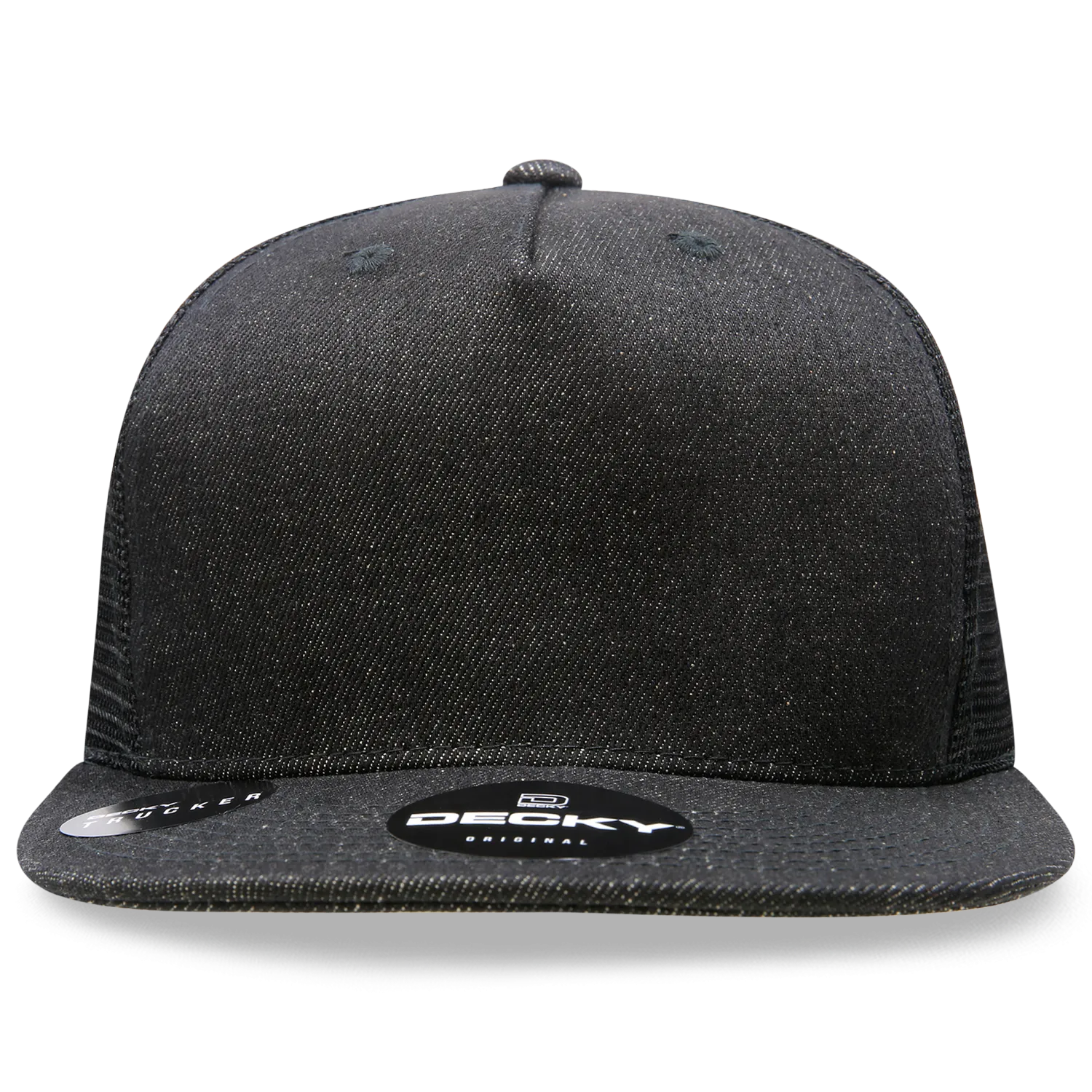Decky 1082 5 Panel Denim Trucker Hat, Flat Bill Mesh Back Cap