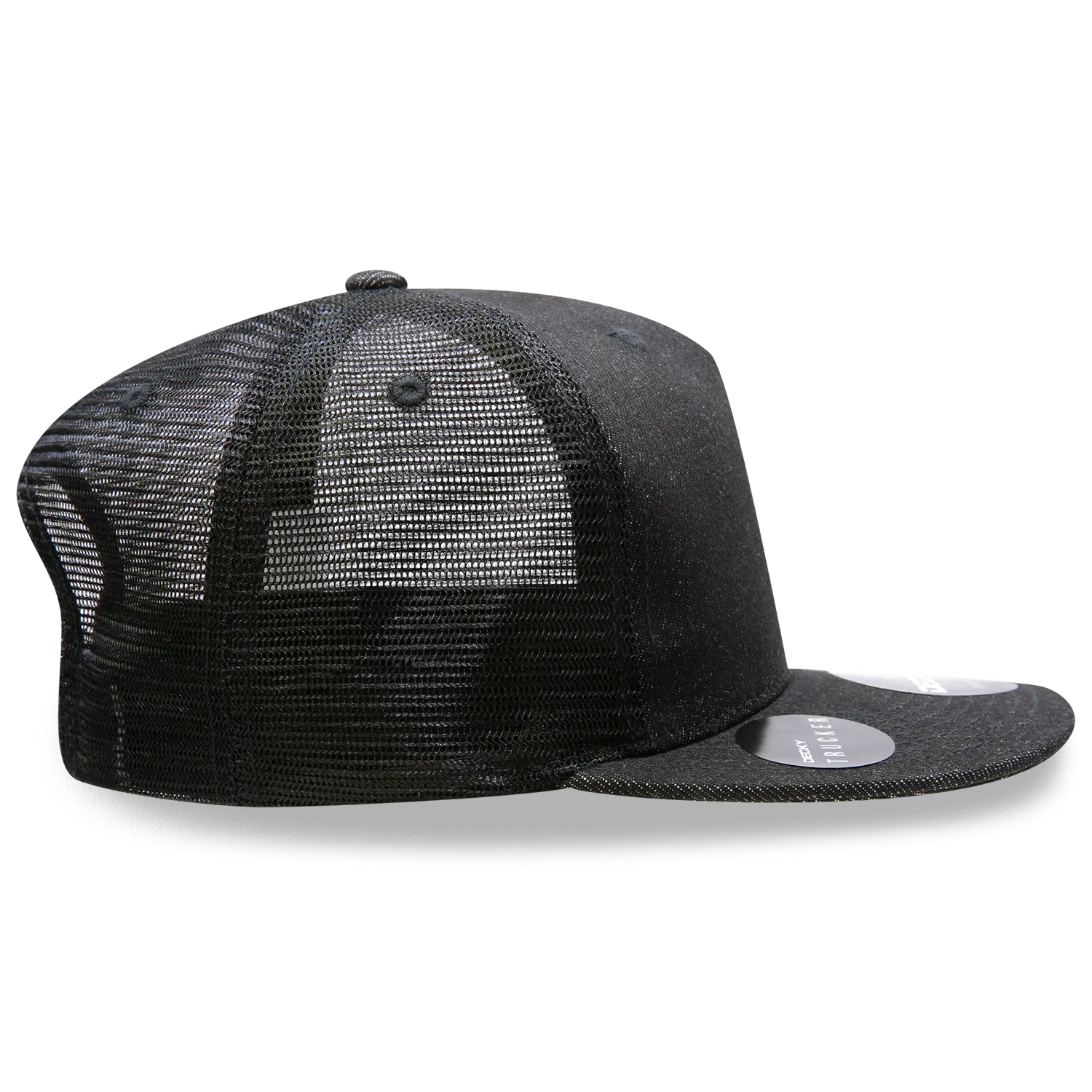 Decky 1082 5 Panel Denim Trucker Hat, Flat Bill Mesh Back Cap