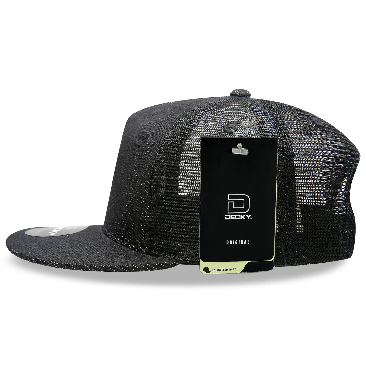 Decky 1082 5 Panel Denim Trucker Hat, Flat Bill Mesh Back Cap