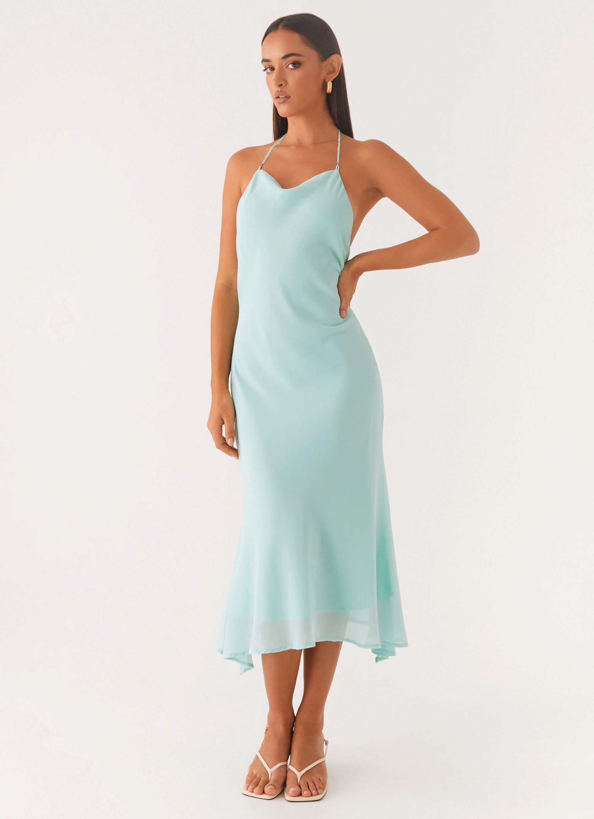 Simple yet chic gown Curve-Enhancing Deep Dive Midi Dress - Pale Blue
