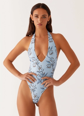 Delia One Piece Swimsuit - Blue Floral Print Neon-Brights