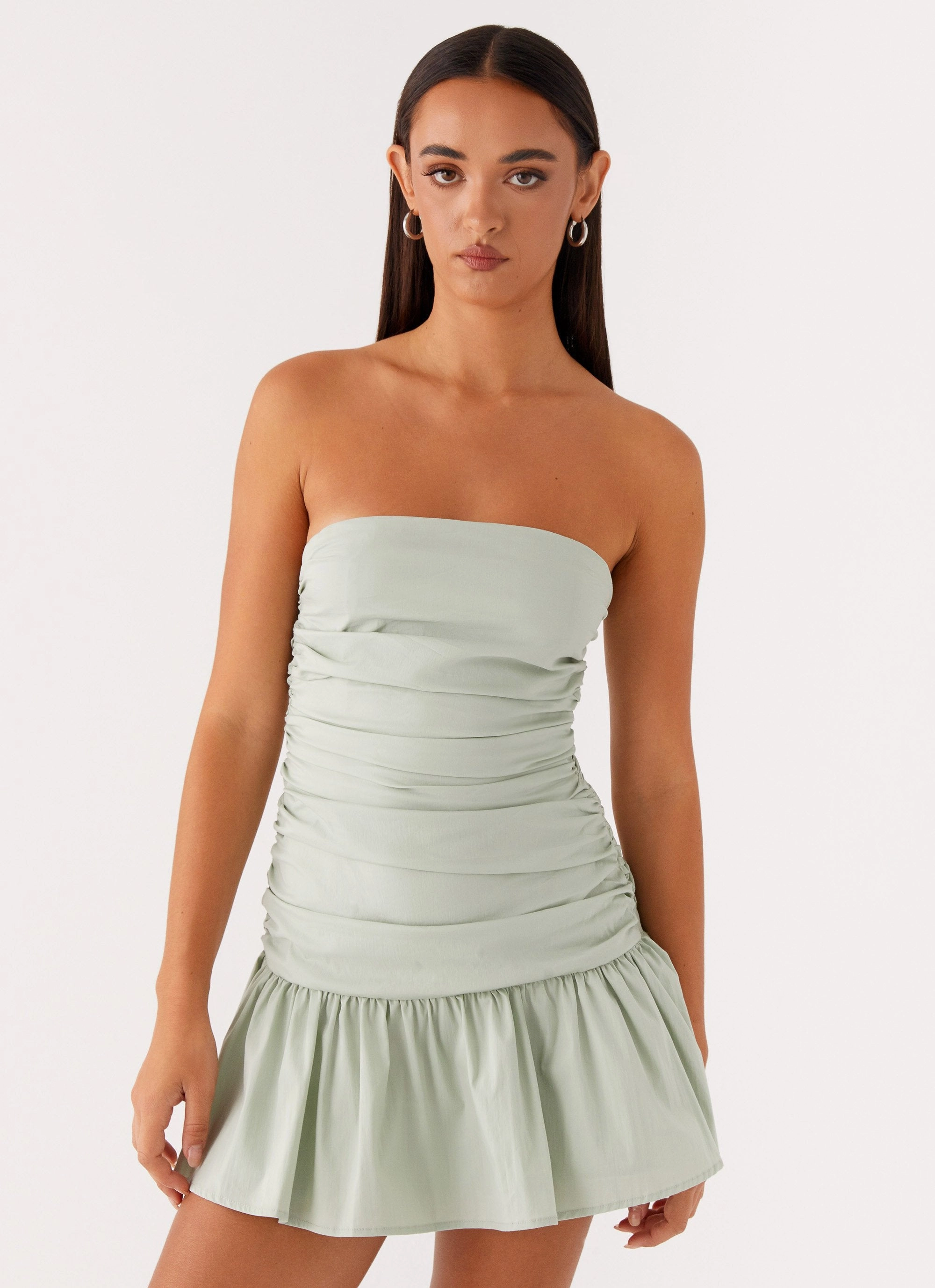 Luxurious Texture Tiered Skirt Carmel Mini Dress - Sage