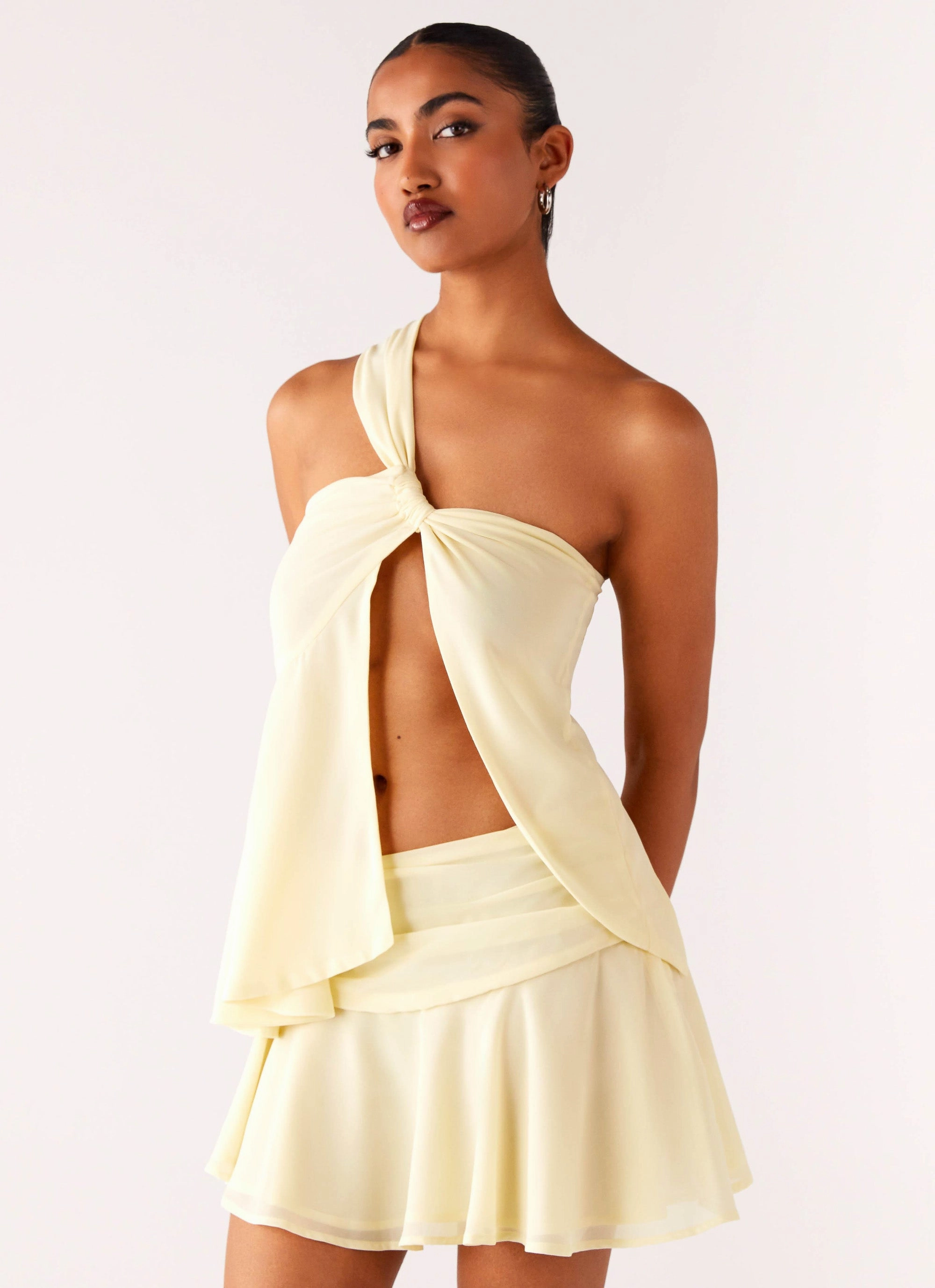 Embellished Trim Low Maintenance Fabric Delight Me Asymmetrical Top - Yellow