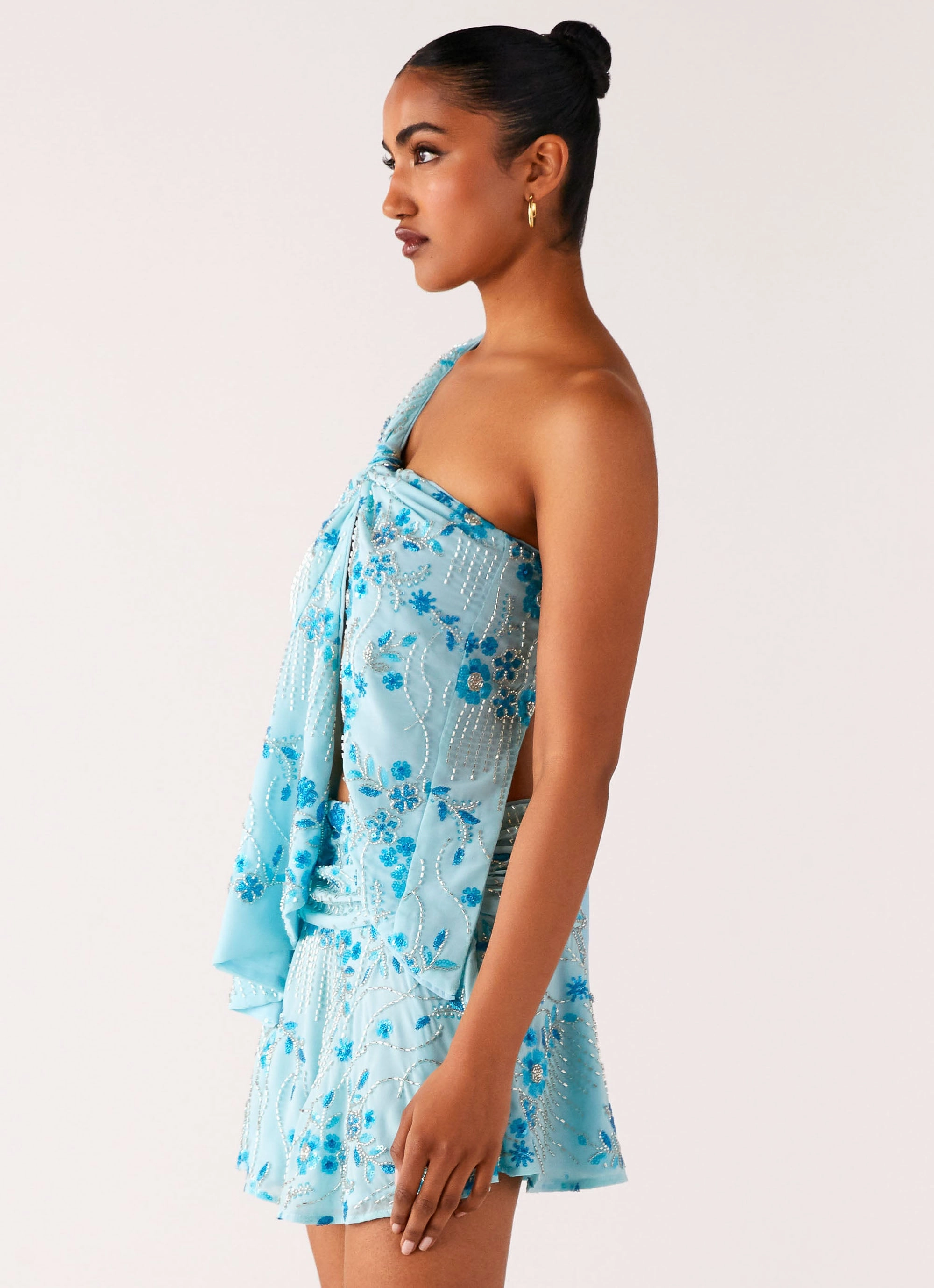 Odor Resistant Finish Neutral Street Style Delight Me Beaded Asymmetrical Top - Blue