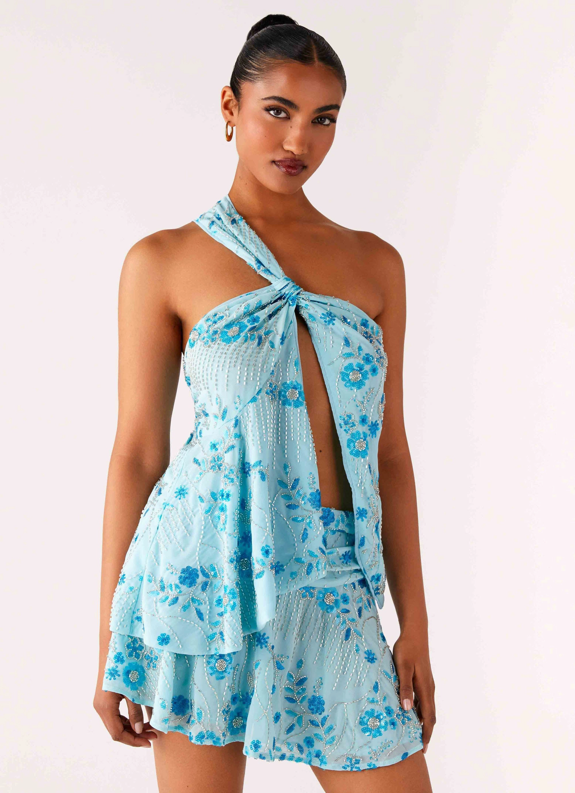 Snow Ready Outfit Delight Me Beaded Asymmetrical Top - Blue