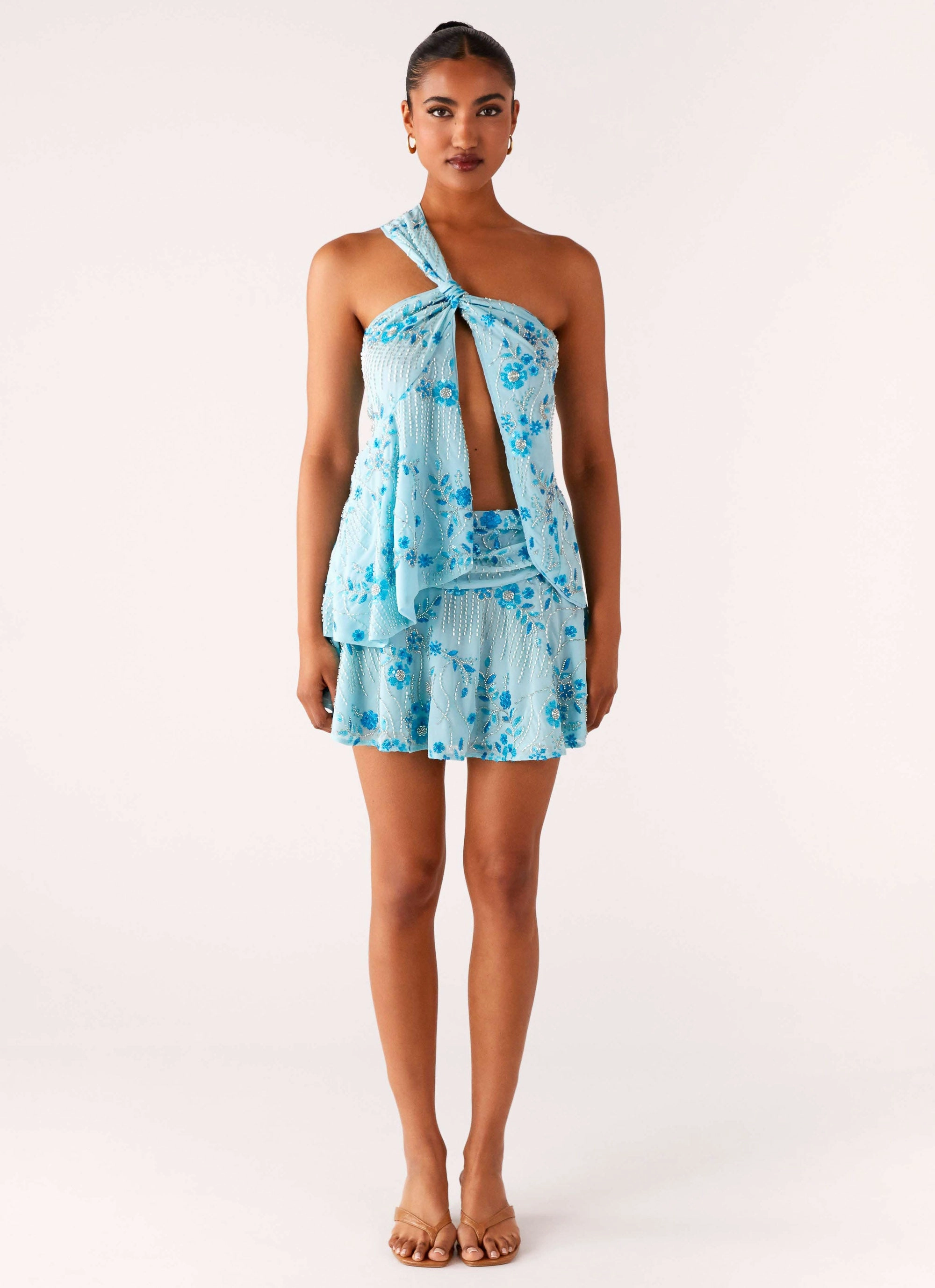 Morning Commute Gear Delight Me Beaded Asymmetrical Top - Blue