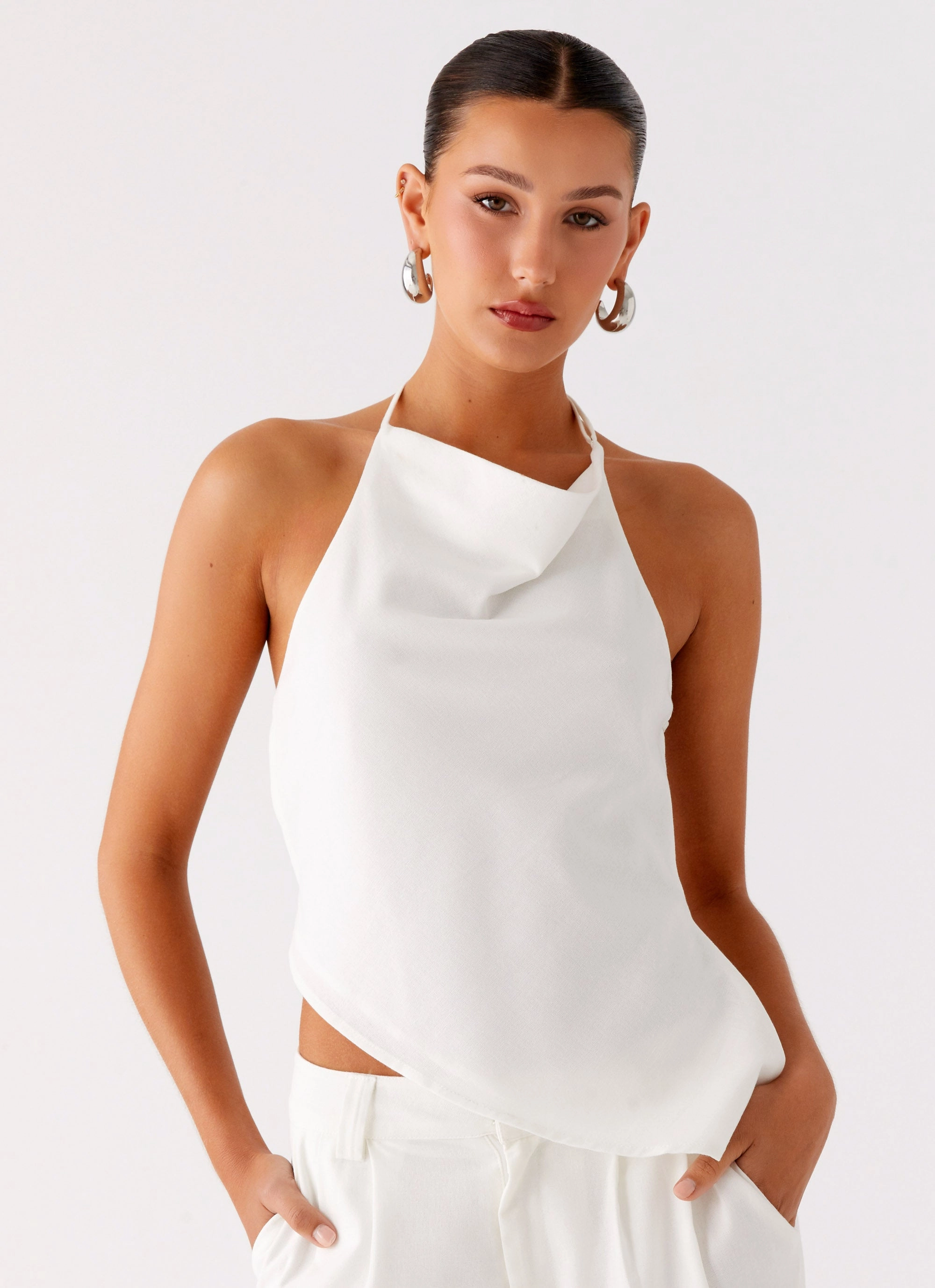 Interlock Weave Delong Backless Linen Top - White