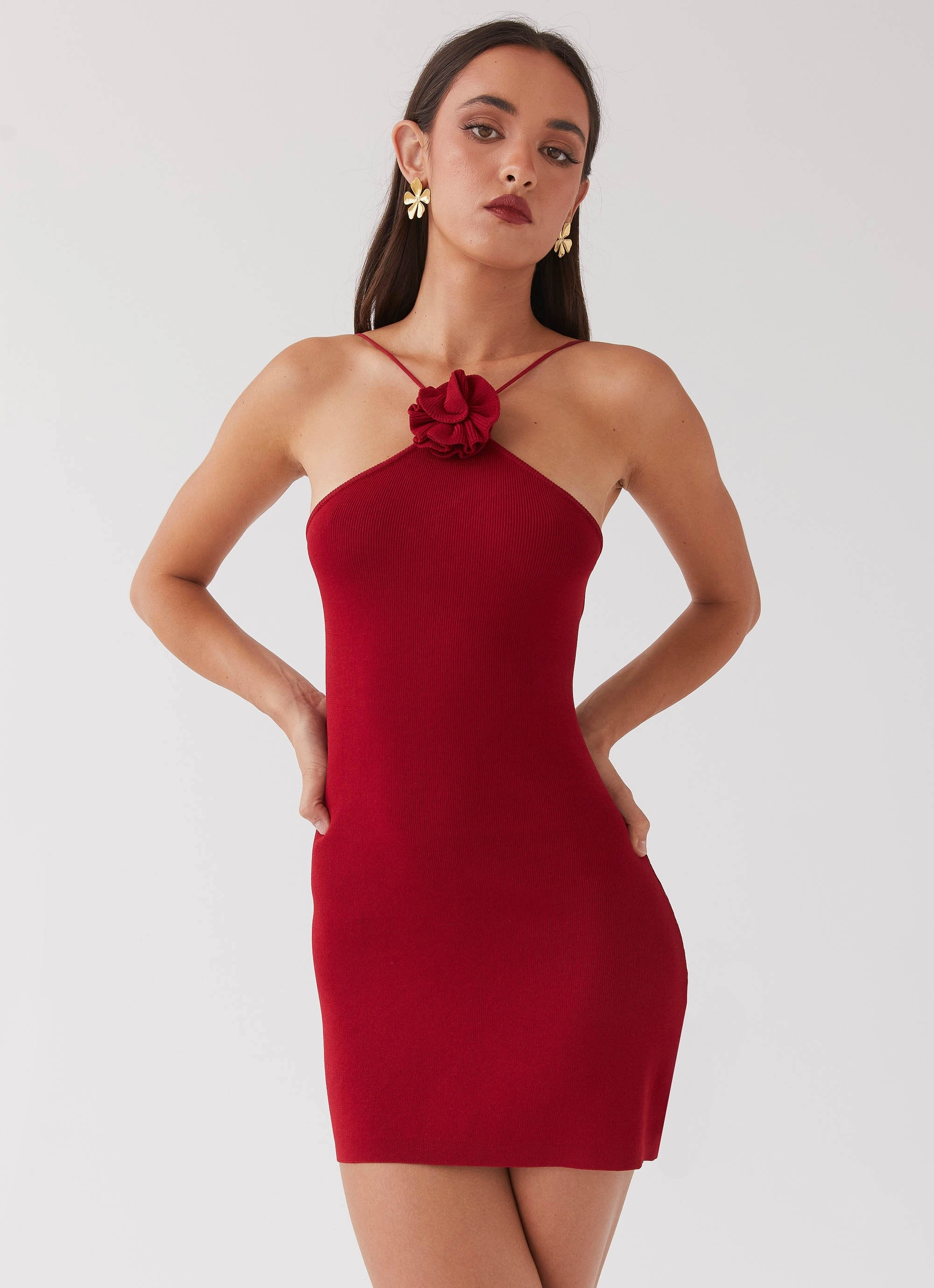 Delphi Rose Knit Mini Dress - Rouge Red Warm Season