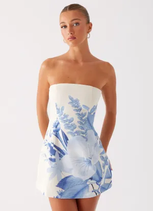 Pure Elegance Modern Texture Denby Strapless Mini Dress - Blue Floral Print