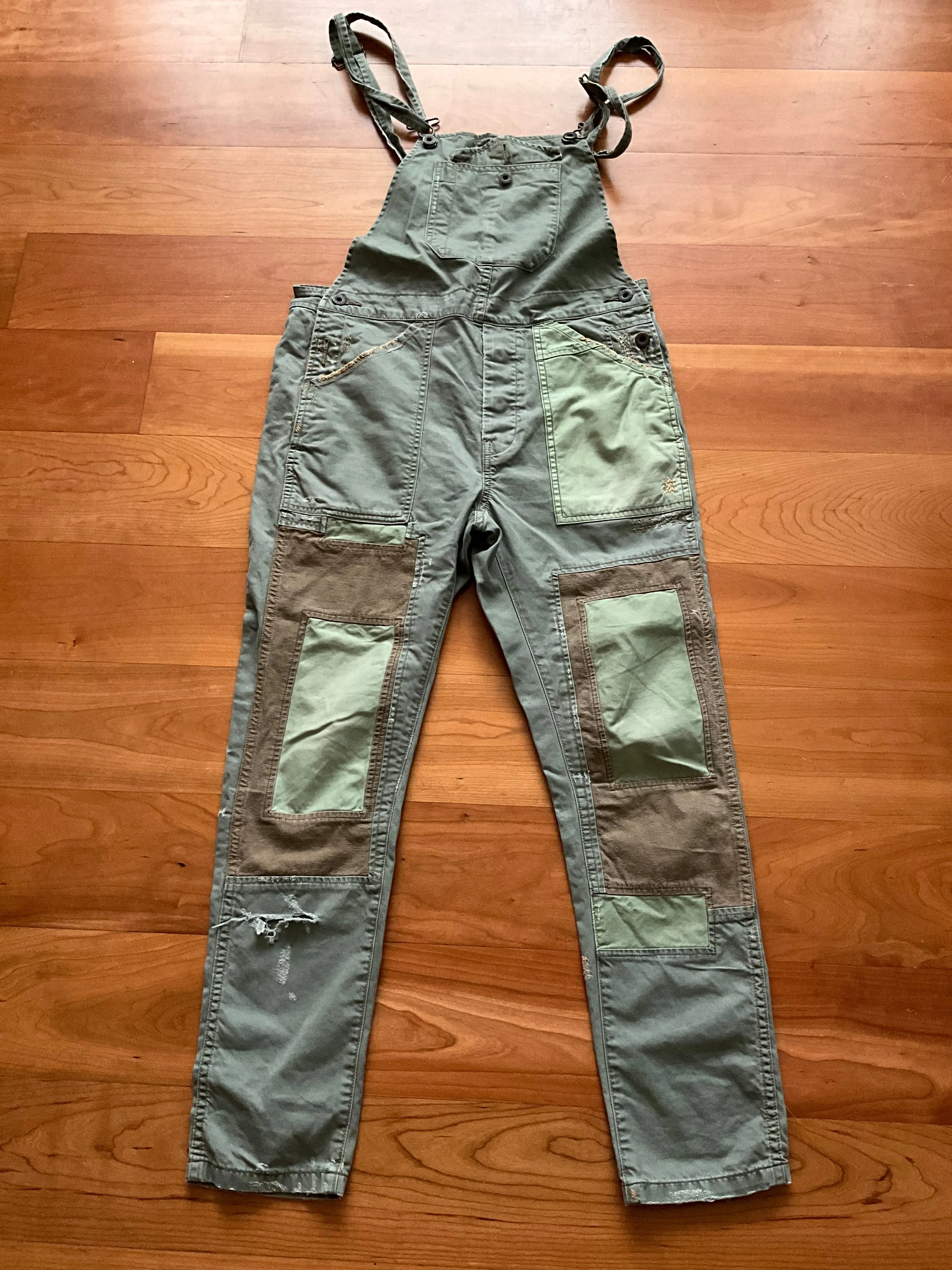Denim &Supply Ralph Lauren Patchwork Distresssed Overalls in Khaki Jumpsuit Sz S ladies