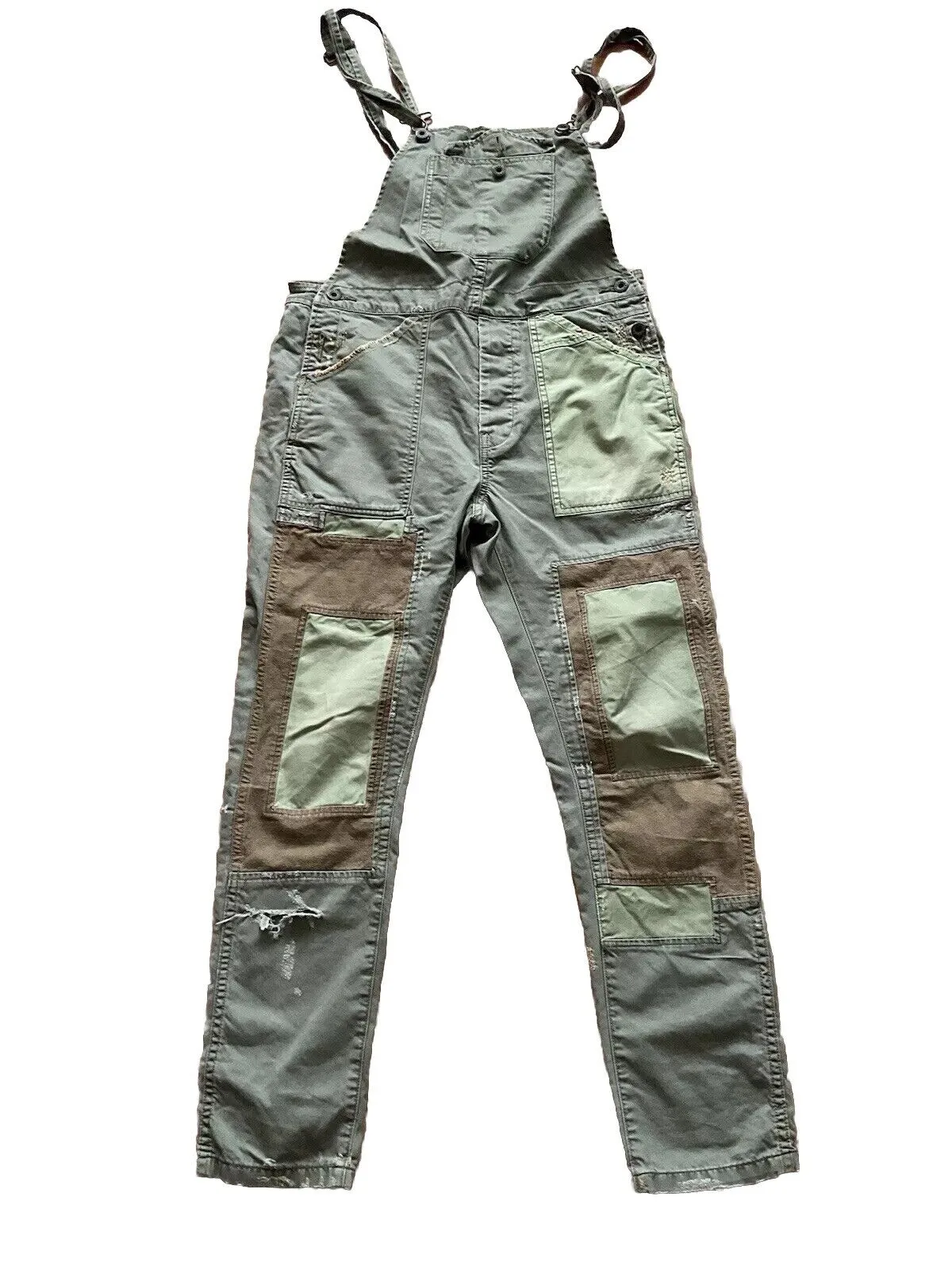 Denim &Supply Ralph Lauren Patchwork Distresssed Overalls in Khaki Jumpsuit Sz S ladies