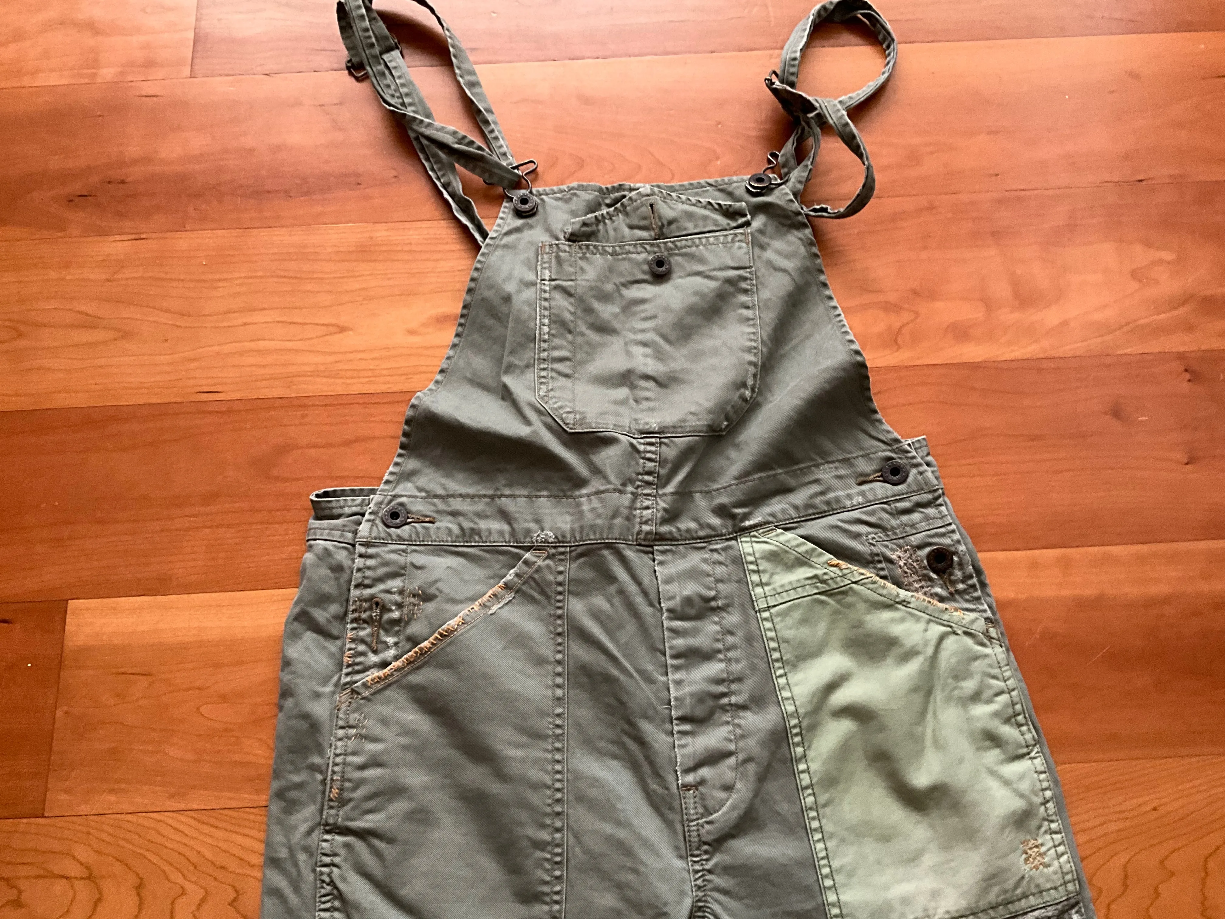 Denim &Supply Ralph Lauren Patchwork Distresssed Overalls in Khaki Jumpsuit Sz S ladies