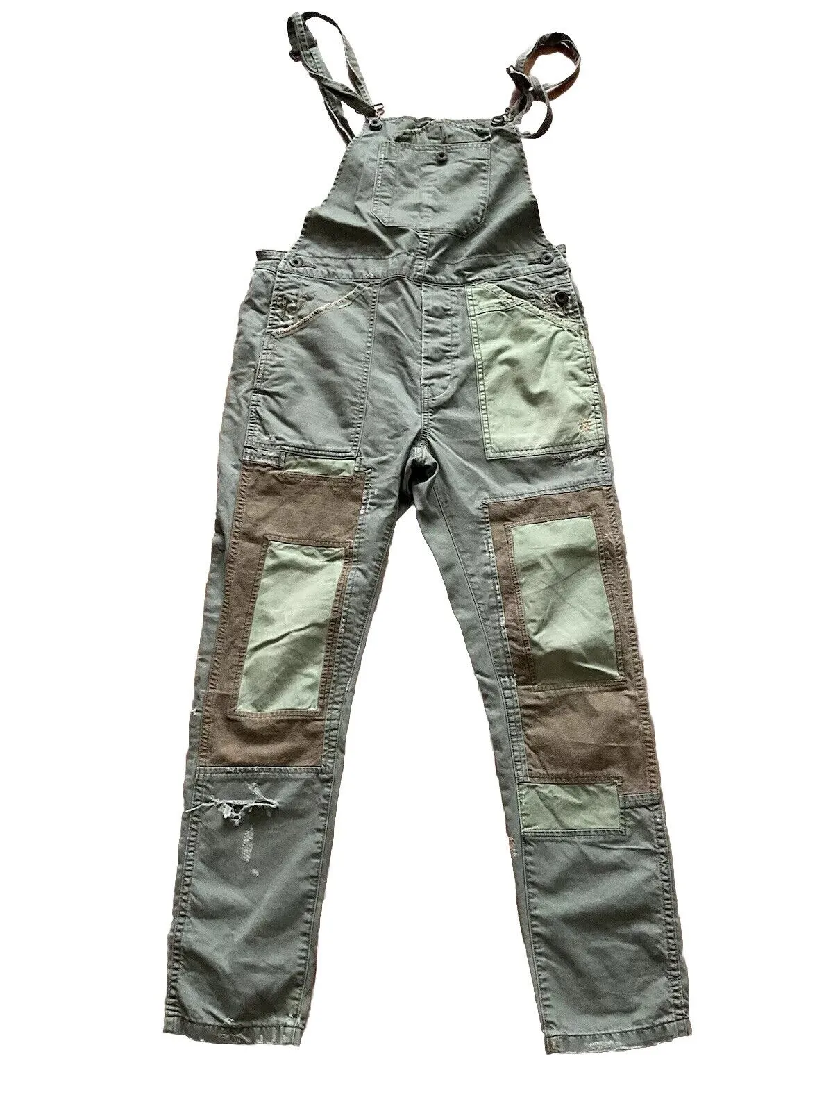 Denim &Supply Ralph Lauren Patchwork Distresssed Overalls in Khaki Jumpsuit Sz S ladies
