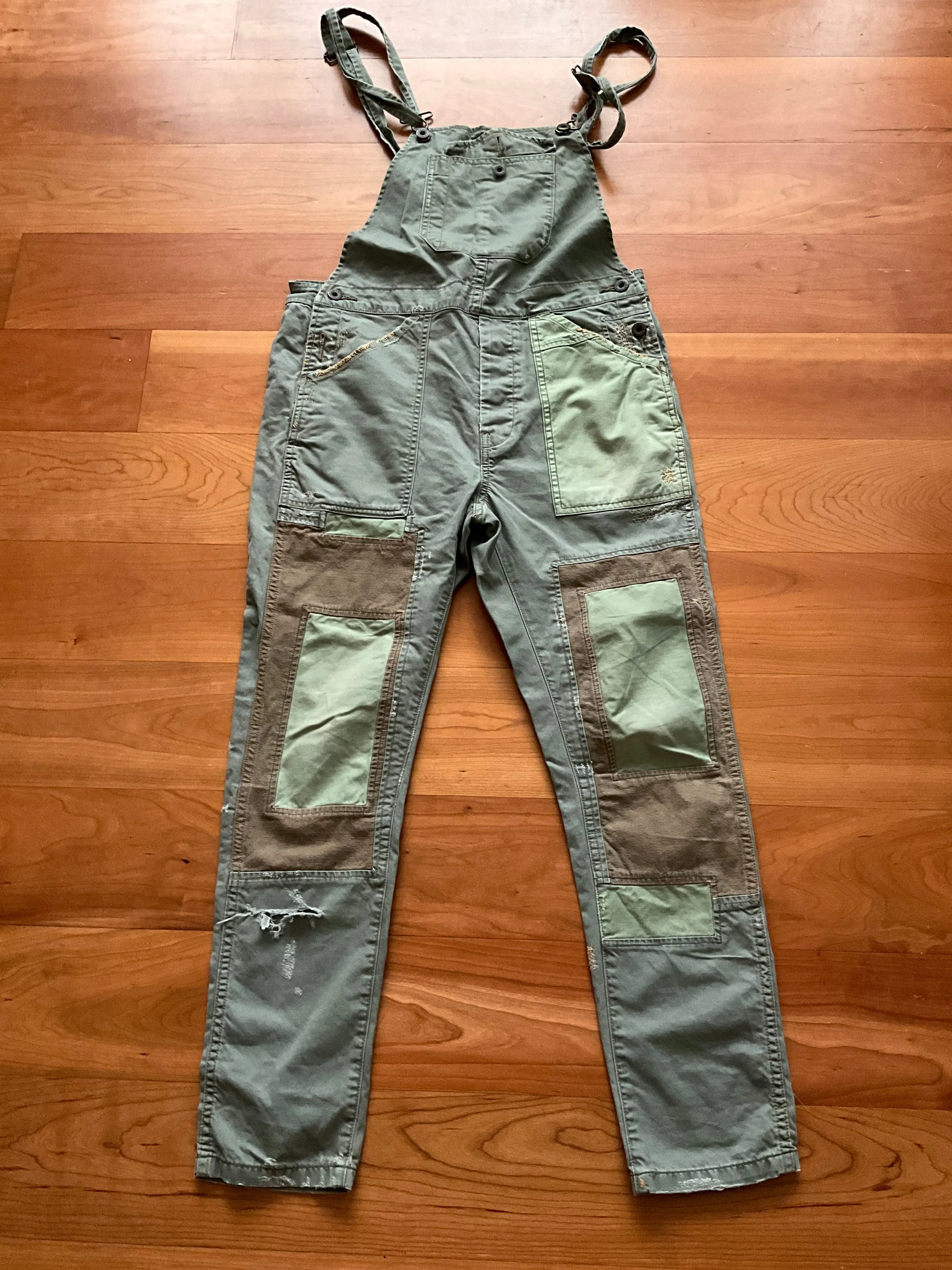 Denim &Supply Ralph Lauren Patchwork Distresssed Overalls in Khaki Jumpsuit Sz S ladies