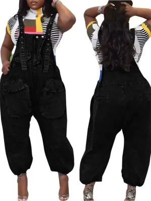Denim Cargo Pocketed Women's Wide Leg Streetwear Suspender Strap Overall Jeans Jumpsuit
