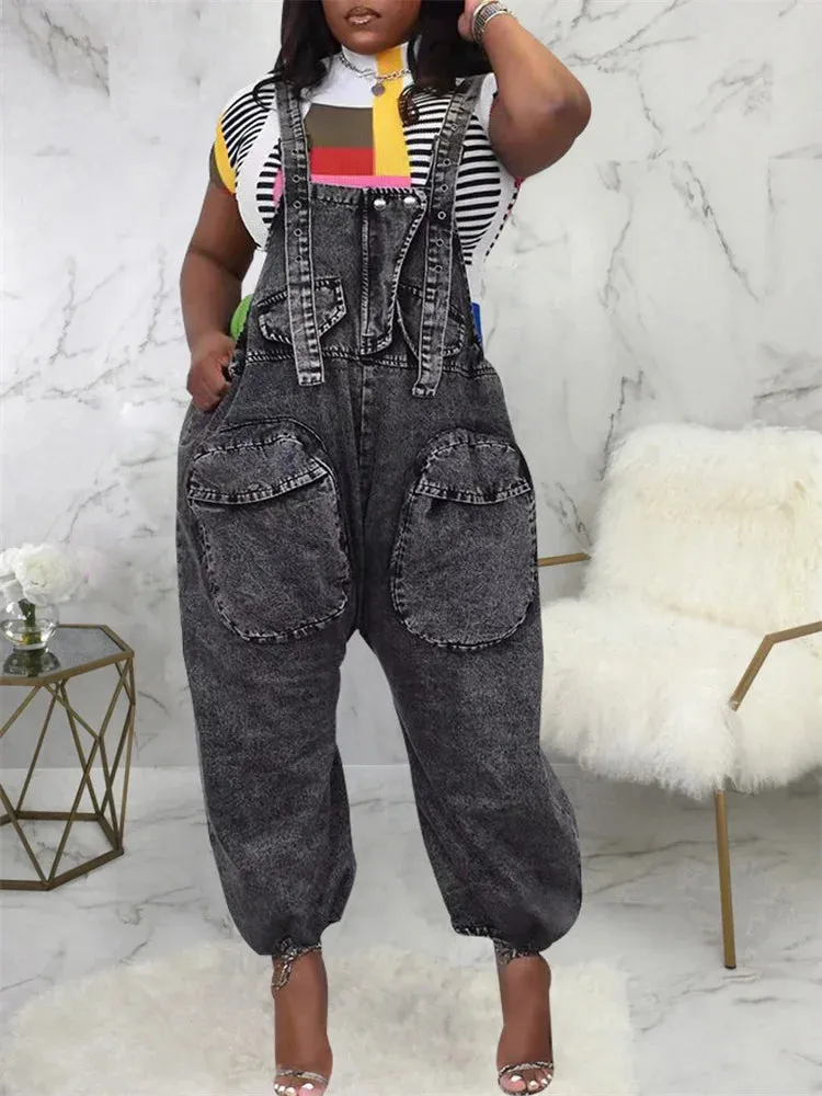 Denim Cargo Pocketed Women's Wide Leg Streetwear Suspender Strap Overall Jeans Jumpsuit
