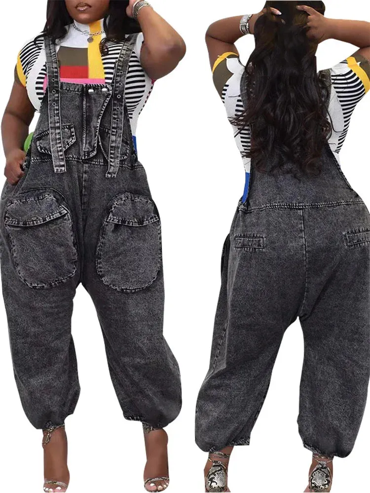 Denim Cargo Pocketed Women's Wide Leg Streetwear Suspender Strap Overall Jeans Jumpsuit