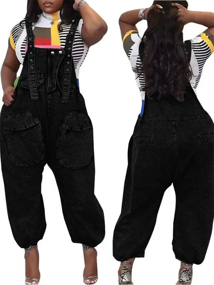 Denim Cargo Pocketed Women's Wide Leg Streetwear Suspender Strap Overall Jeans Jumpsuit