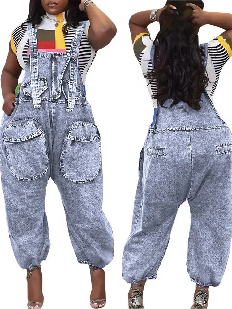 Denim Cargo Pocketed Women's Wide Leg Streetwear Suspender Strap Overall Jeans Jumpsuit