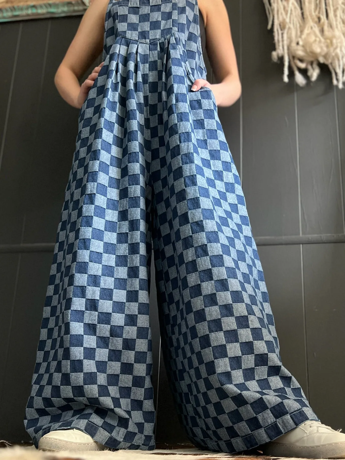 Denim Checkered Wide Leg Overalls