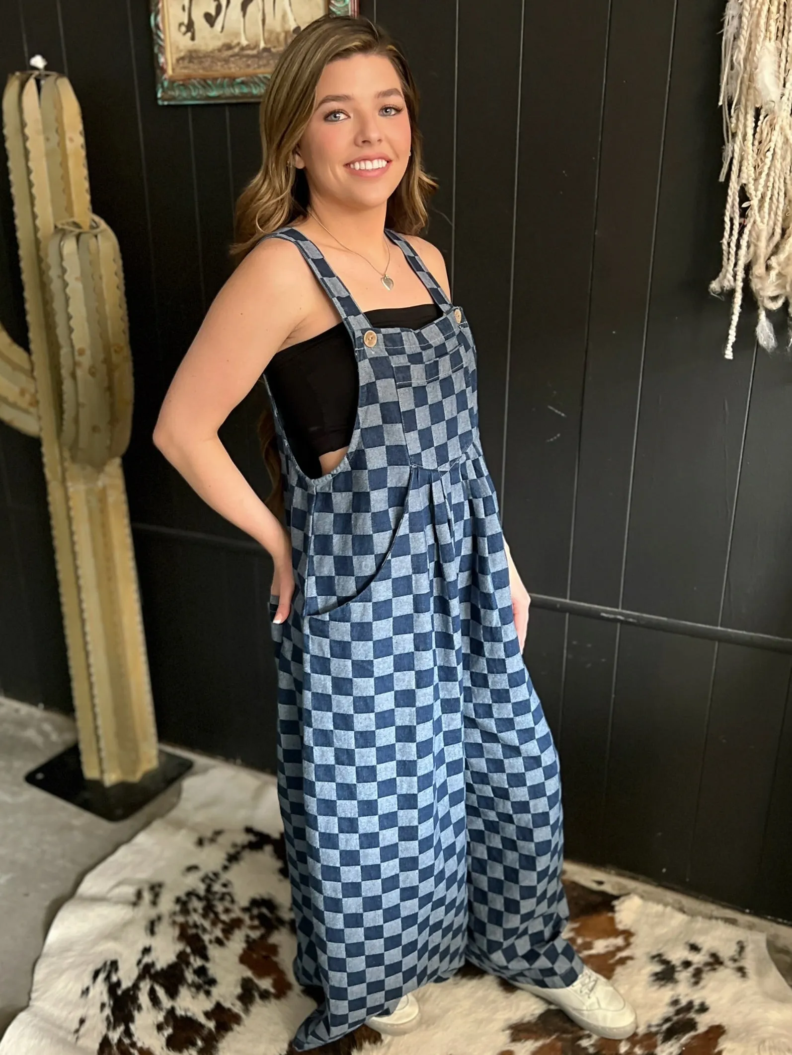 Denim Checkered Wide Leg Overalls
