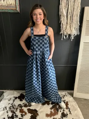 Denim Checkered Wide Leg Overalls