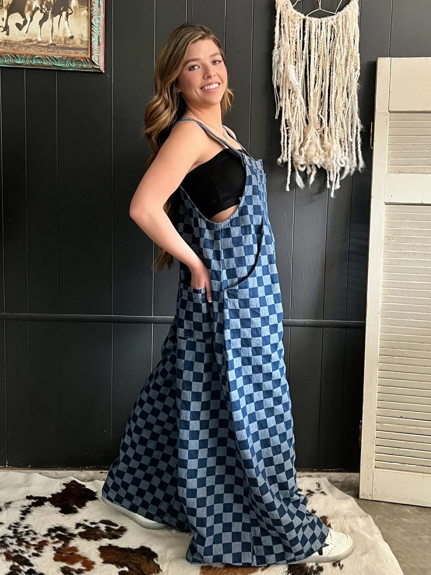 Denim Checkered Wide Leg Overalls