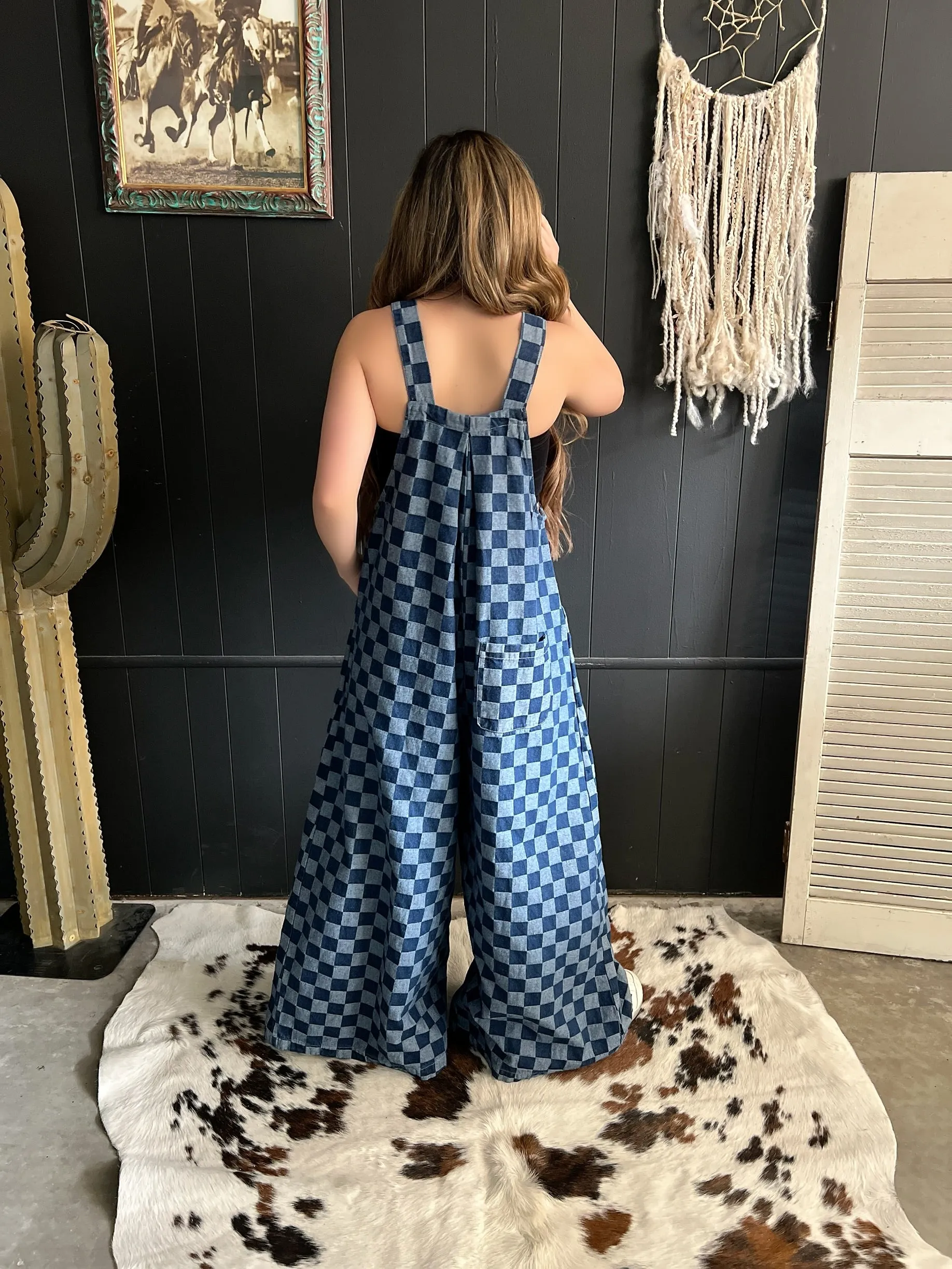 Denim Checkered Wide Leg Overalls