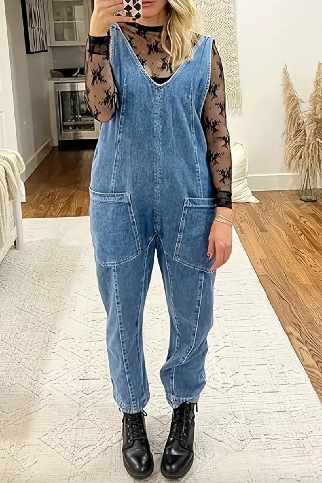 Denim V Neck Overalls