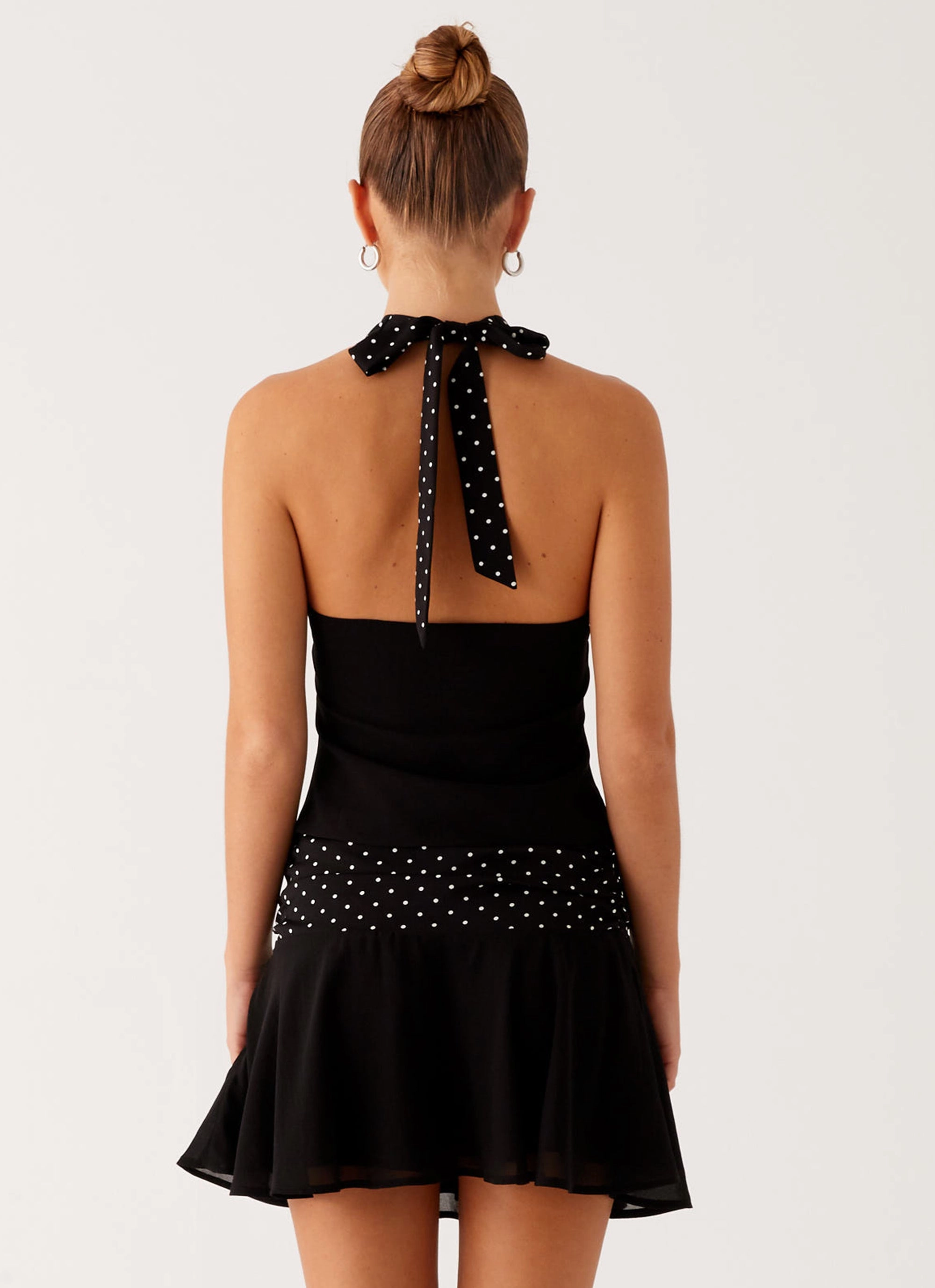 Ribbed Collar Design Devoted Halterneck Top - Black Polka Dot