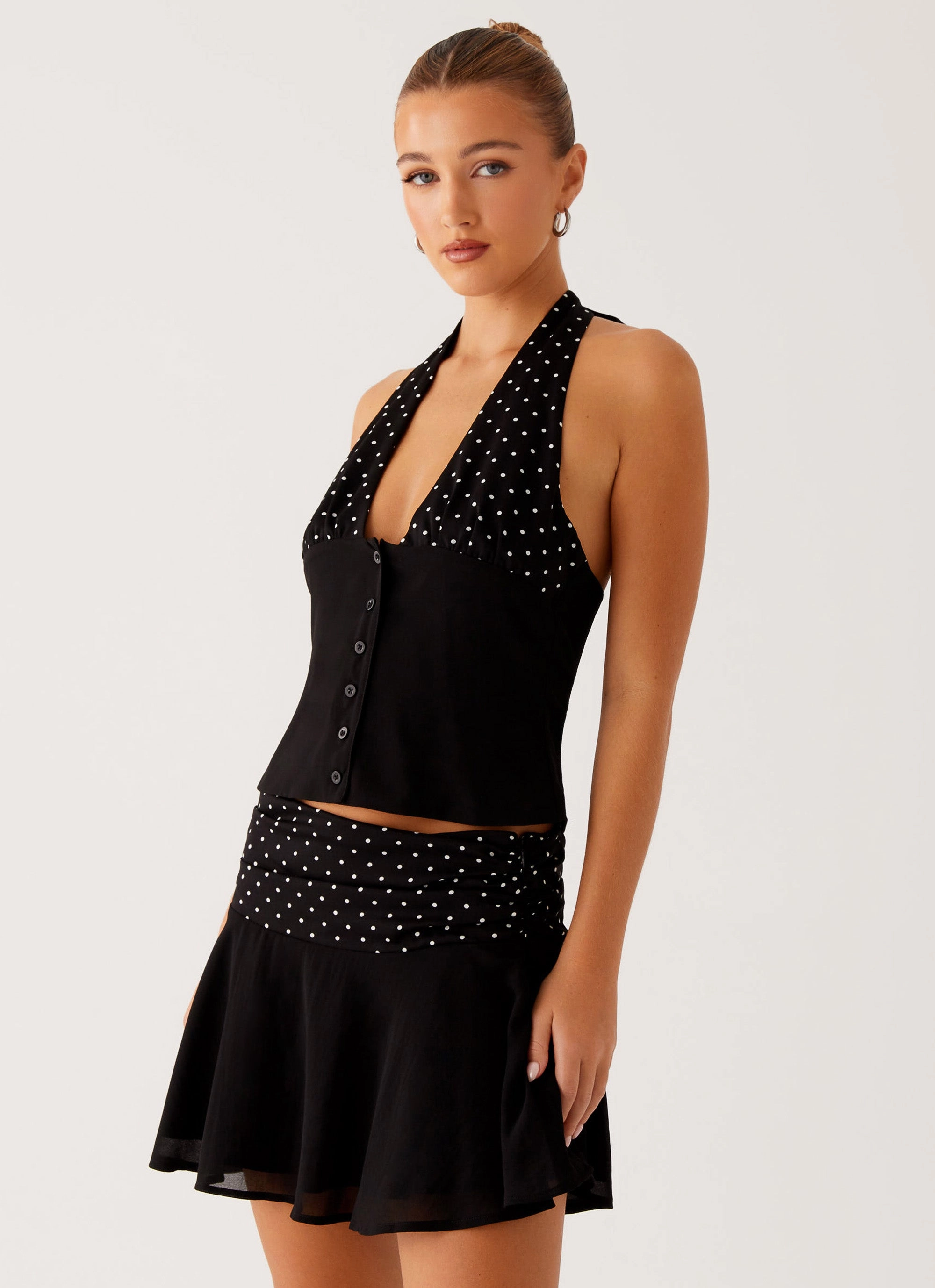 PolishedFinish Devoted Halterneck Top - Black Polka Dot