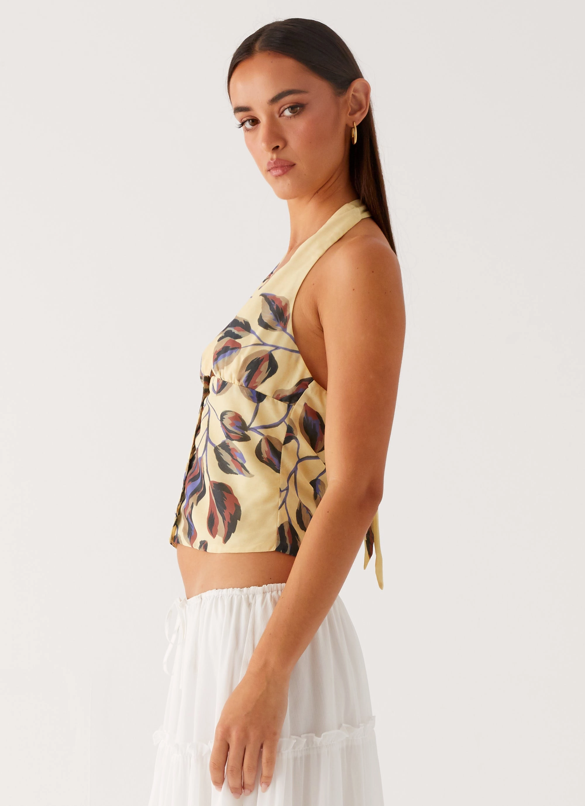 Textured Weave Devoted Halterneck Top - Buttercream Floral
