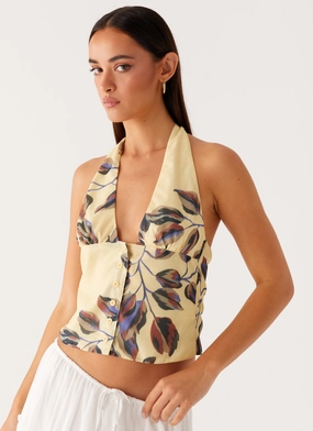 Double Stitched Hems Reflective Accent Stripes Devoted Halterneck Top - Buttercream Floral