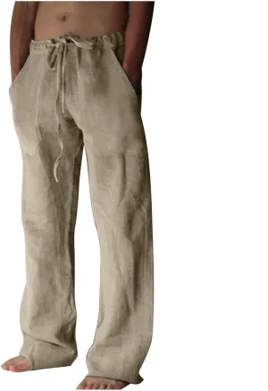 Dgoopd Mens Cotton Linen Beach Pants Casual Loose Wide Leg Yoga Pants Elastic Waist Summer Pants Lightweight Drawstring Joggers Fashion Solid Color Trousers Gray