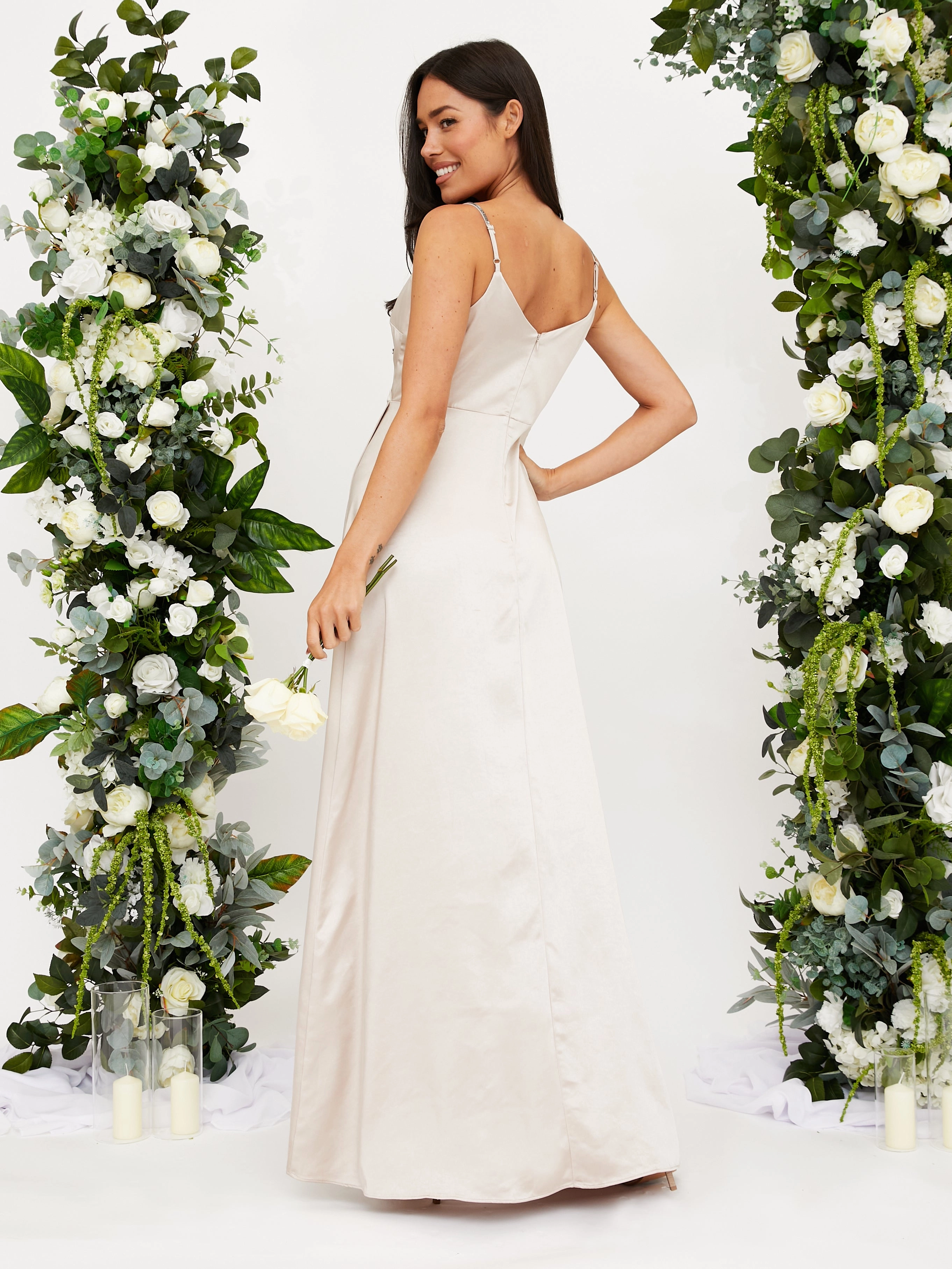 Diamante Strap Maxi Satin Dress / Champagne Pure Lines