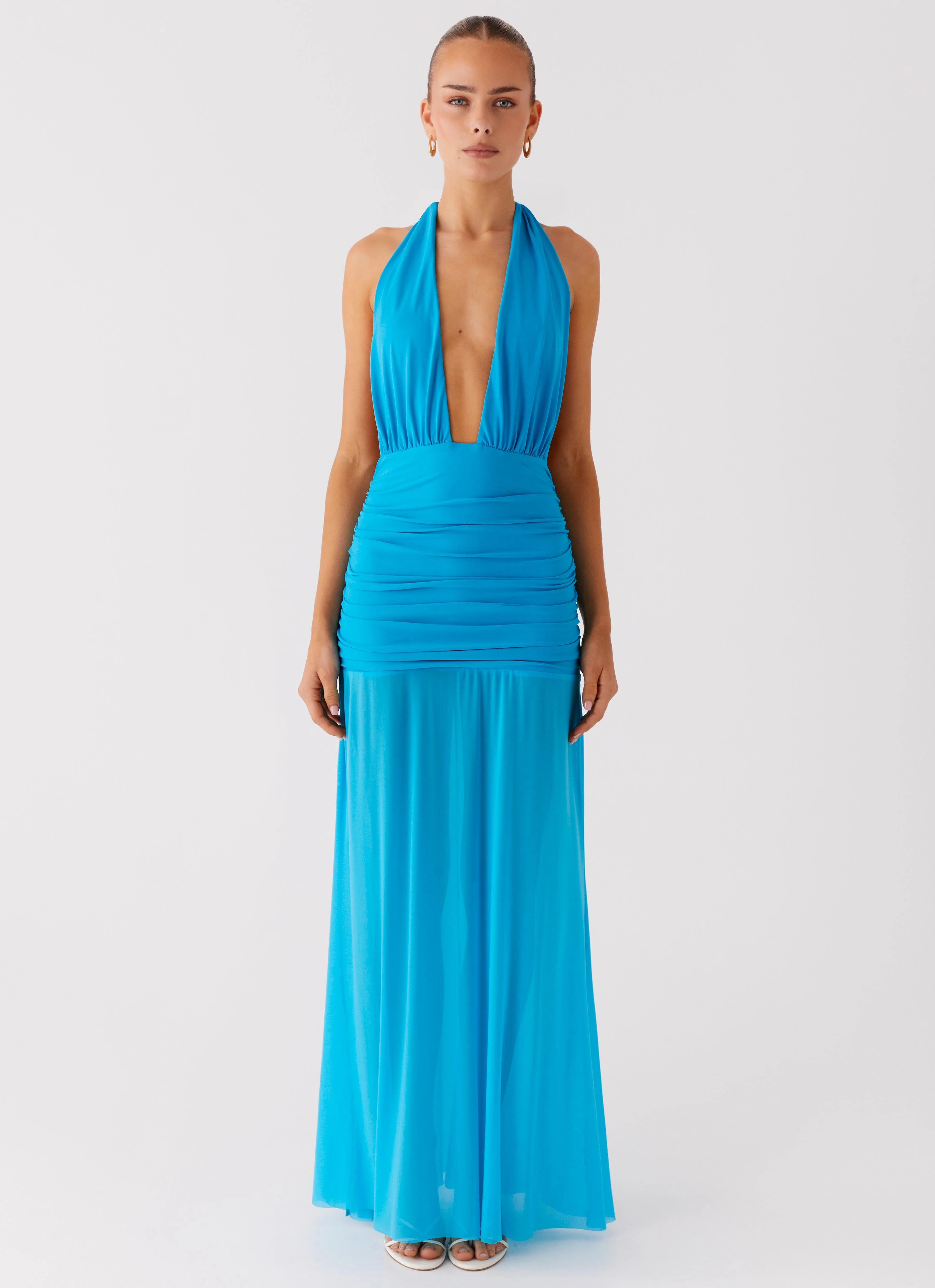 Vibrant Form Dilemma Halter Maxi Dress - Turquoise Blue