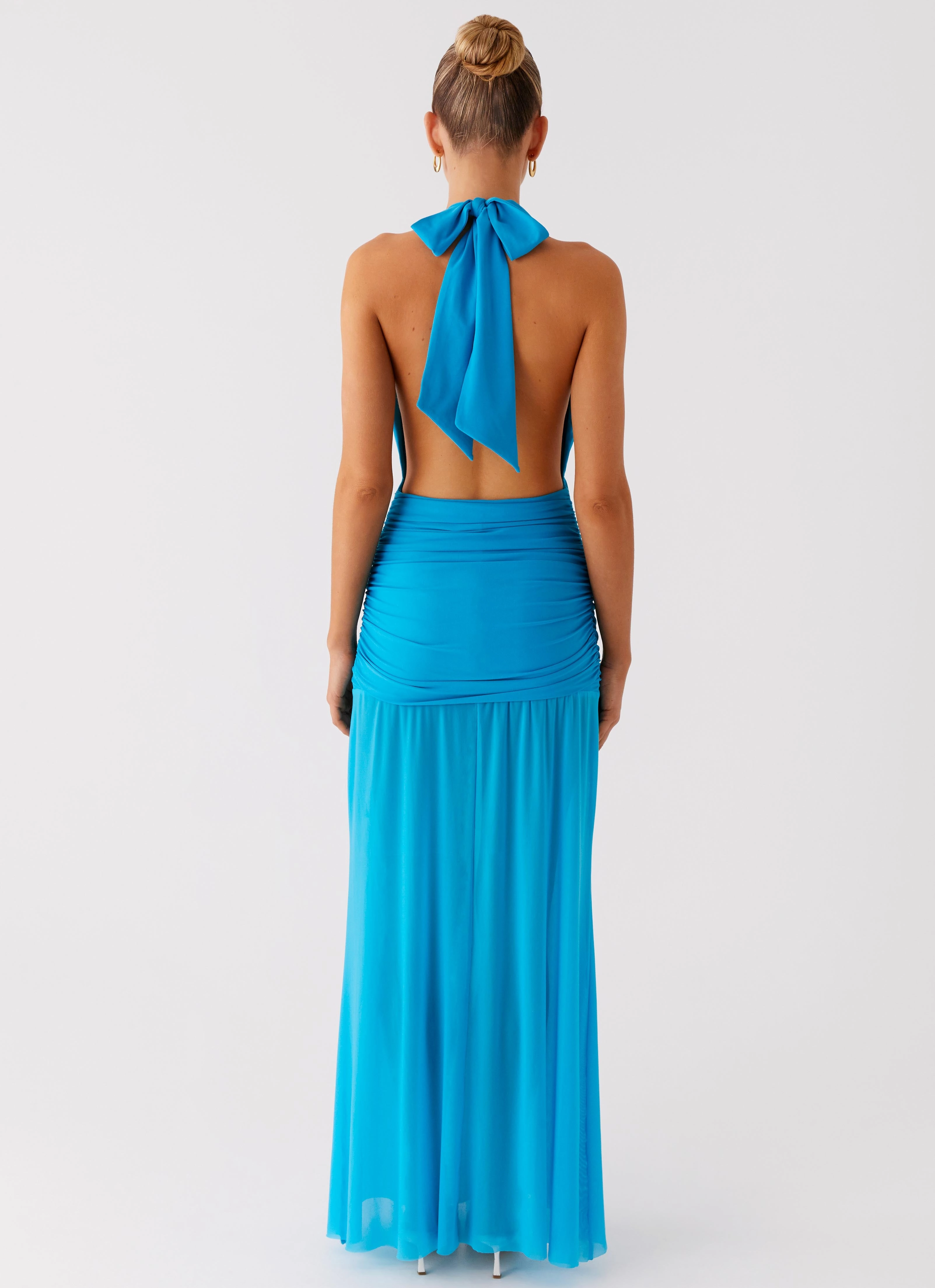 Dilemma Halter Maxi Dress - Turquoise Blue Walk Mood Silky Drape