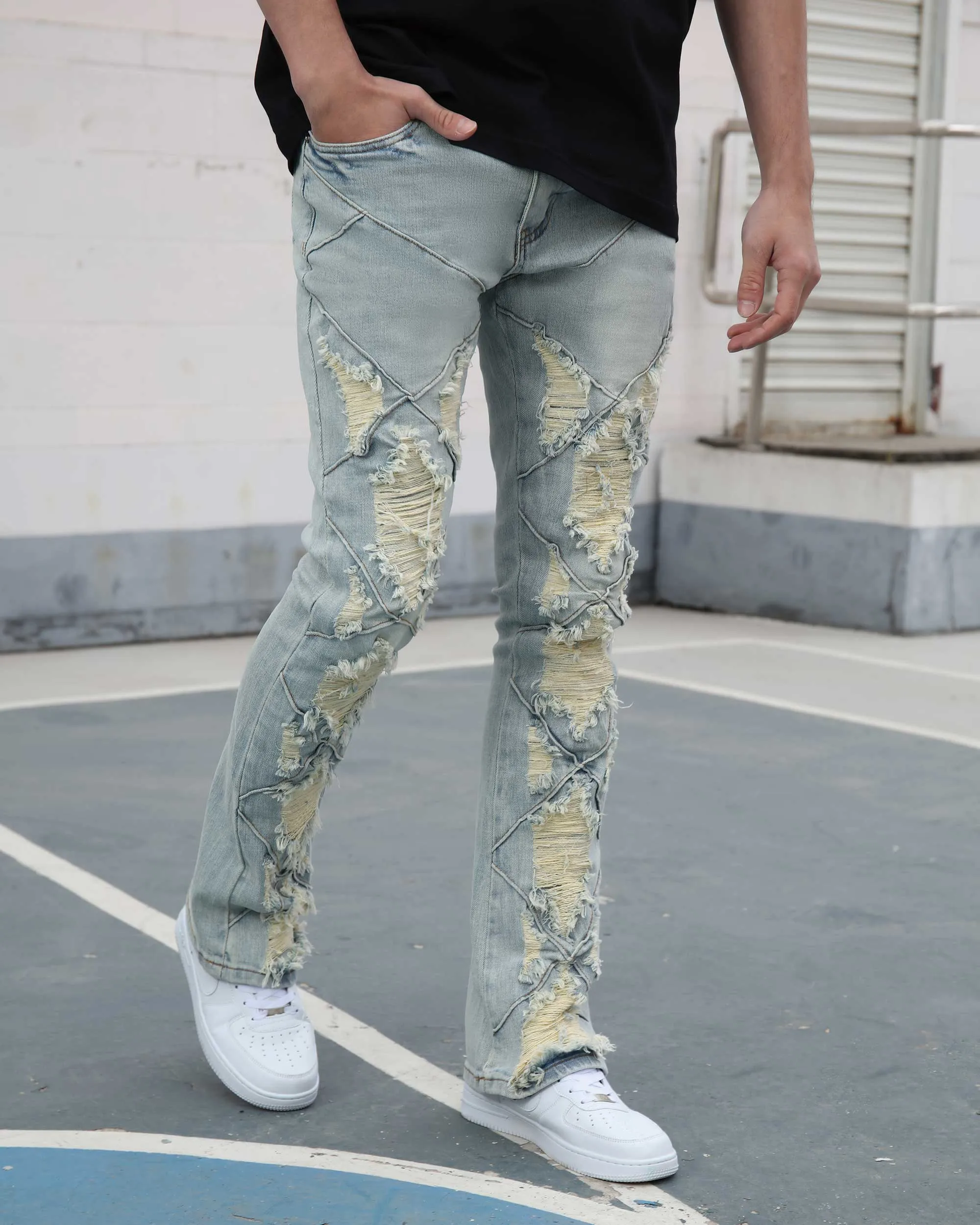 Distressed Flared Blue Jeans with Large Ripped-Mexico Local Delivery