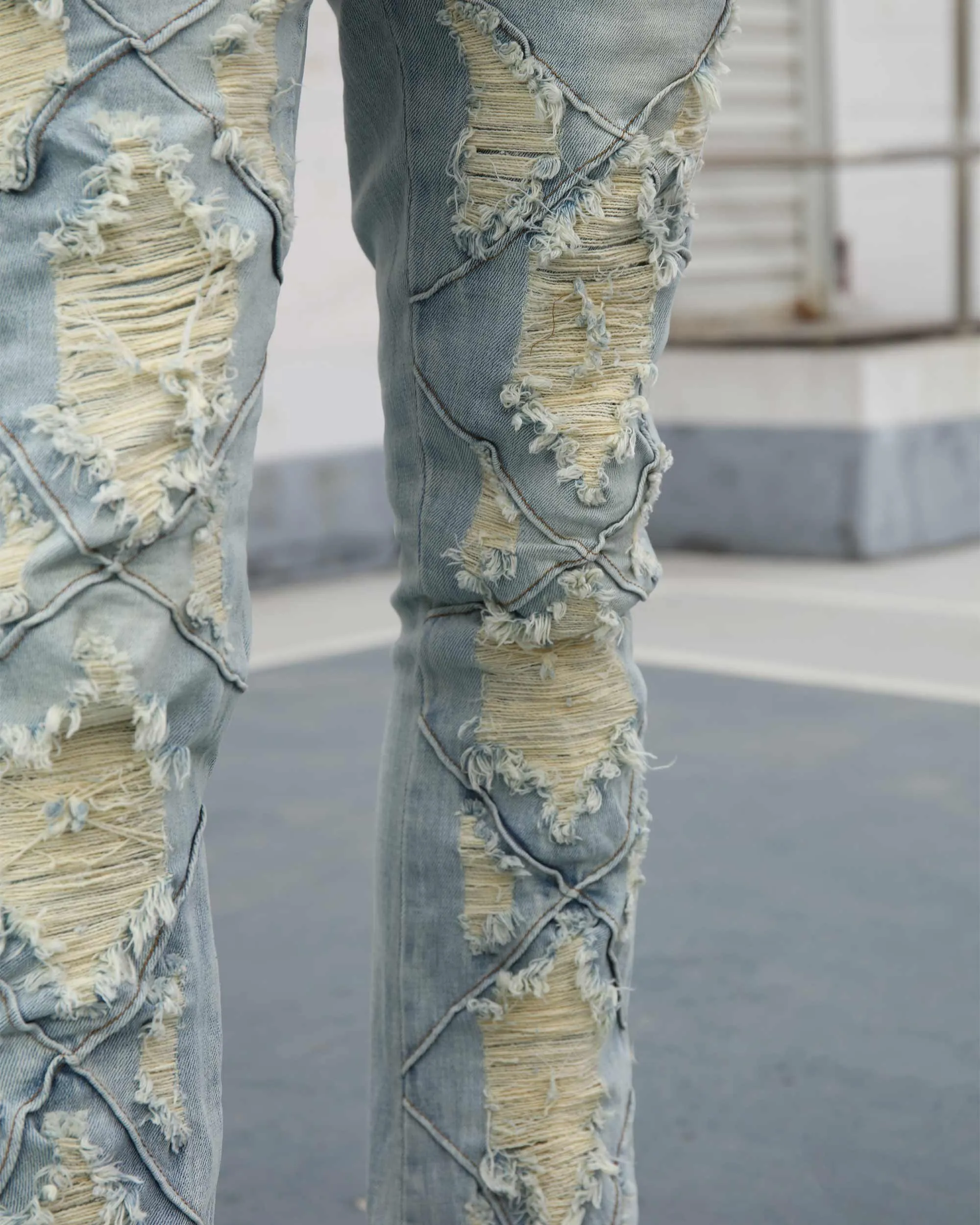 Distressed Flared Blue Jeans with Large Ripped-Mexico Local Delivery