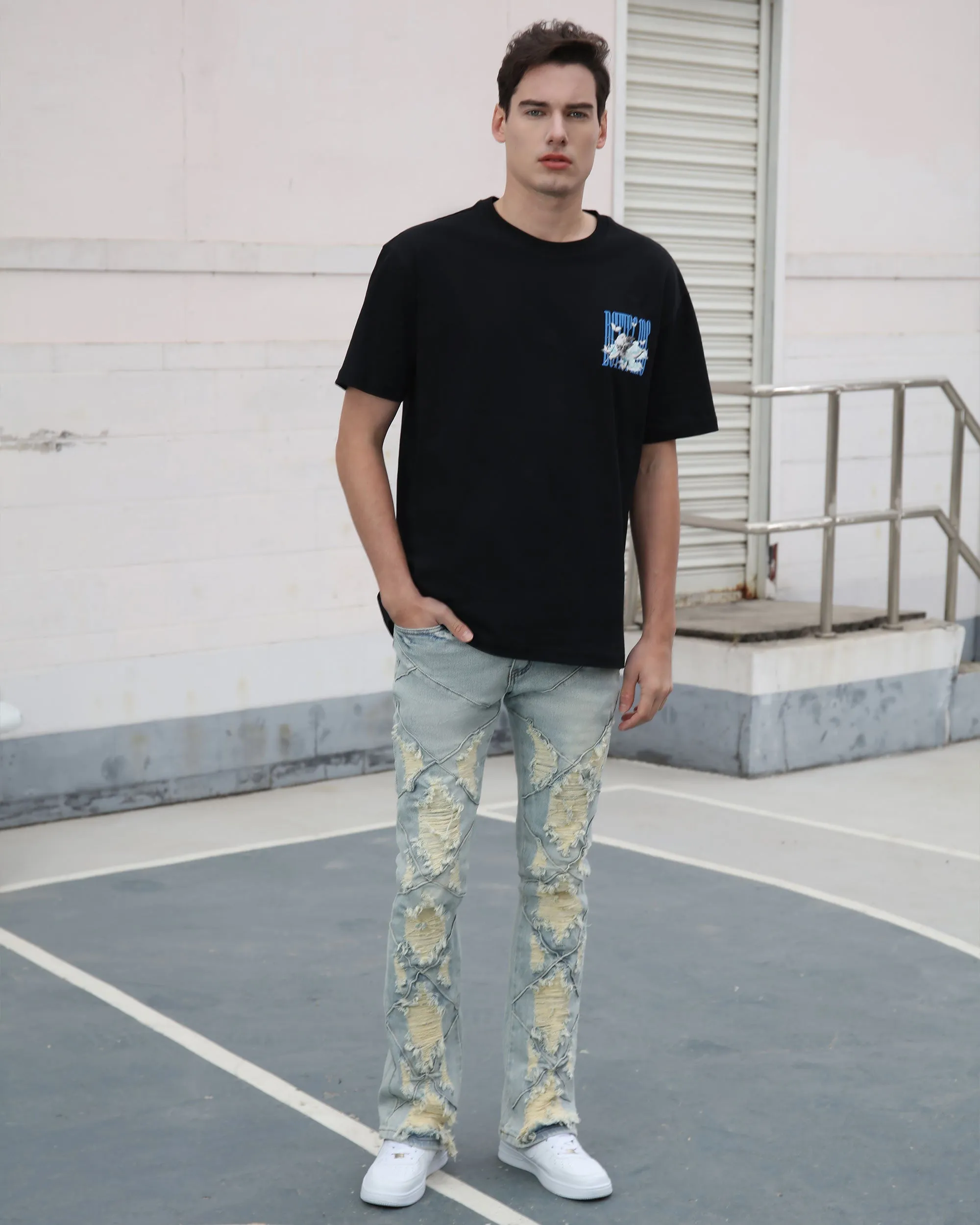 Distressed Flared Blue Jeans with Large Ripped-Mexico Local Delivery