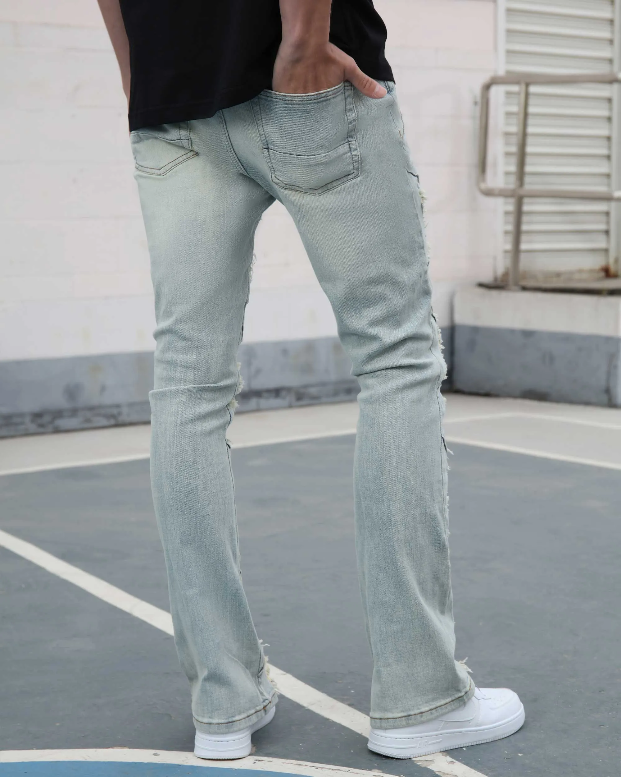Distressed Flared Blue Jeans with Large Ripped-Mexico Local Delivery