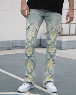 Distressed Flared Blue Jeans with Large Ripped-Mexico Local Delivery