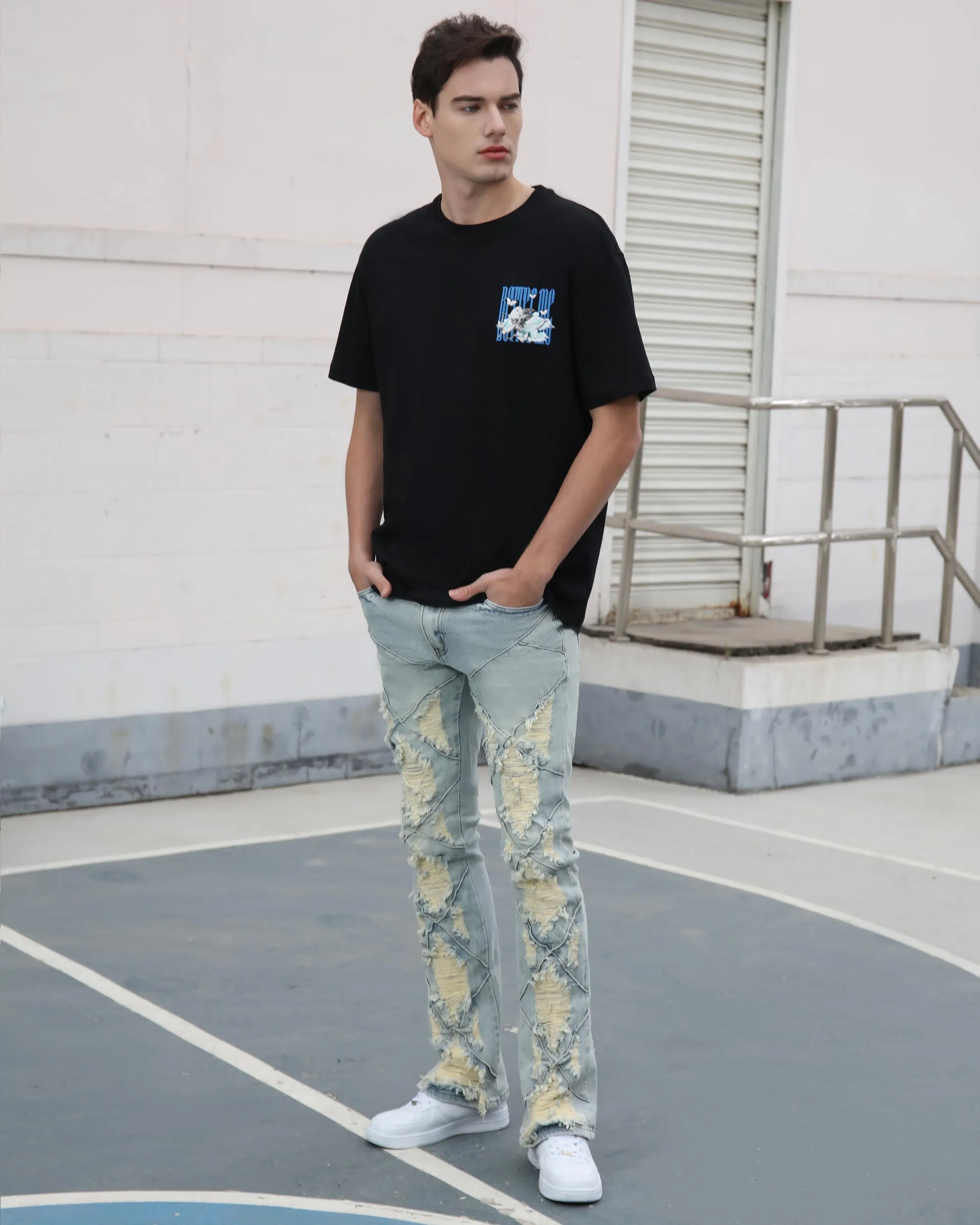 Distressed Flared Blue Jeans with Large Ripped-Mexico Local Delivery
