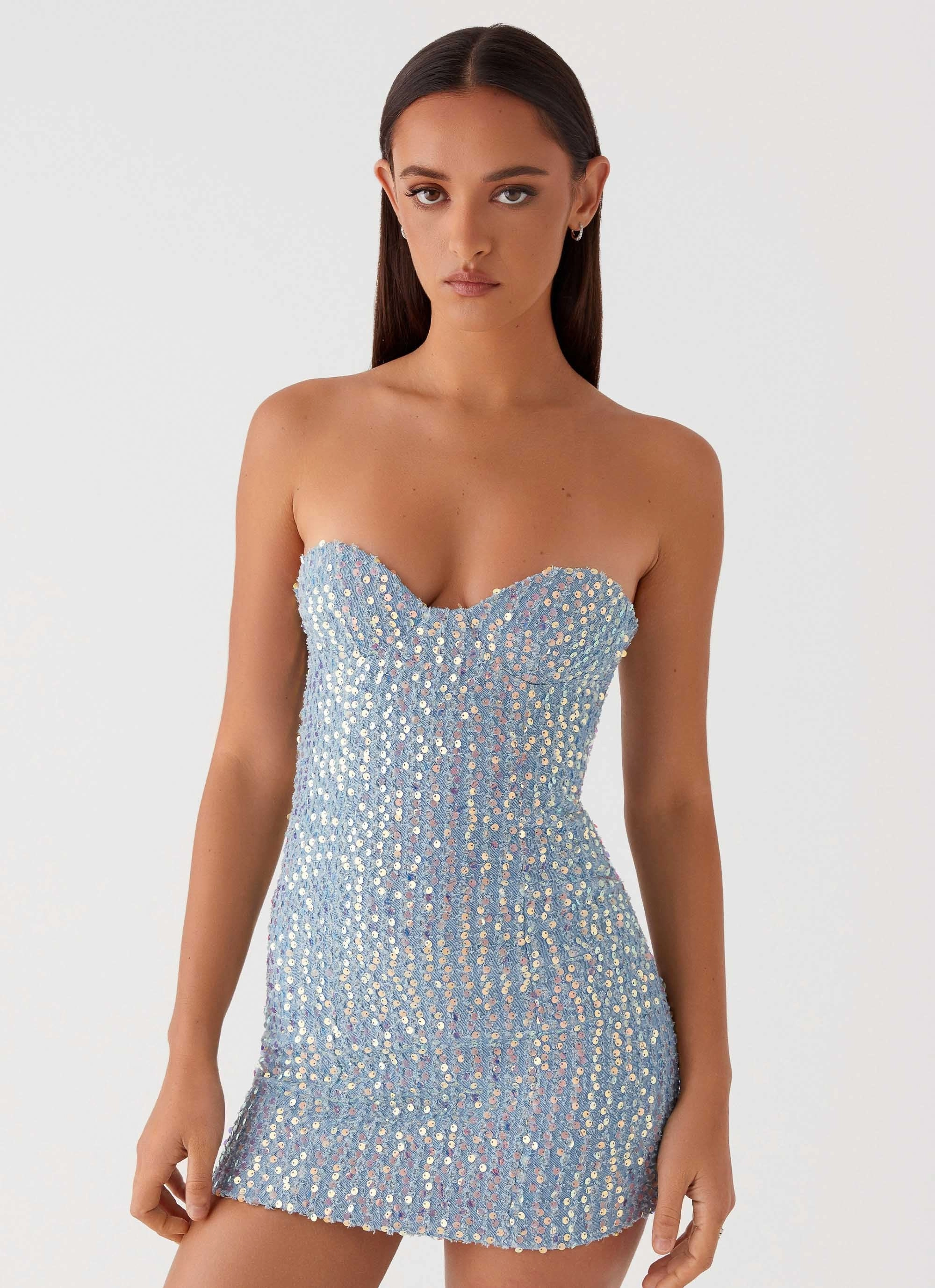 Disturbia Sequin Mini Dress - Sequin Denim Hook-And-Eye Soft Mesh