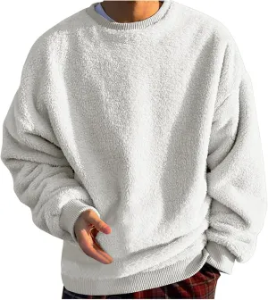 DOLKFU Men Hoodies Sherpa Fleece Oversized Pullover Sweatshirts Solid Color Long Sleeve Warm Crewneck Sweatshirt