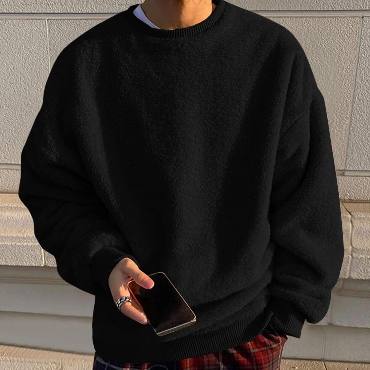 DOLKFU Men Hoodies Sherpa Fleece Oversized Pullover Sweatshirts Solid Color Long Sleeve Warm Crewneck Sweatshirt