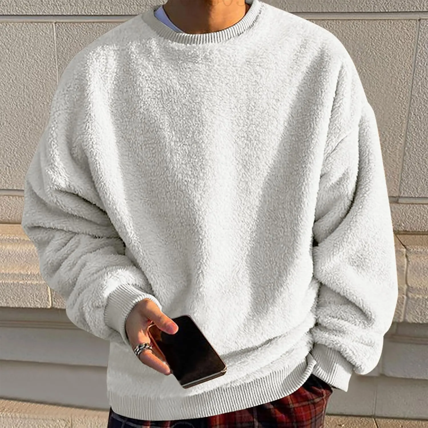 DOLKFU Men Hoodies Sherpa Fleece Oversized Pullover Sweatshirts Solid Color Long Sleeve Warm Crewneck Sweatshirt