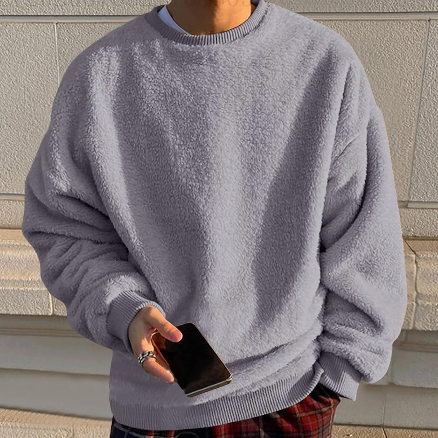 DOLKFU Men Hoodies Sherpa Fleece Oversized Pullover Sweatshirts Solid Color Long Sleeve Warm Crewneck Sweatshirt