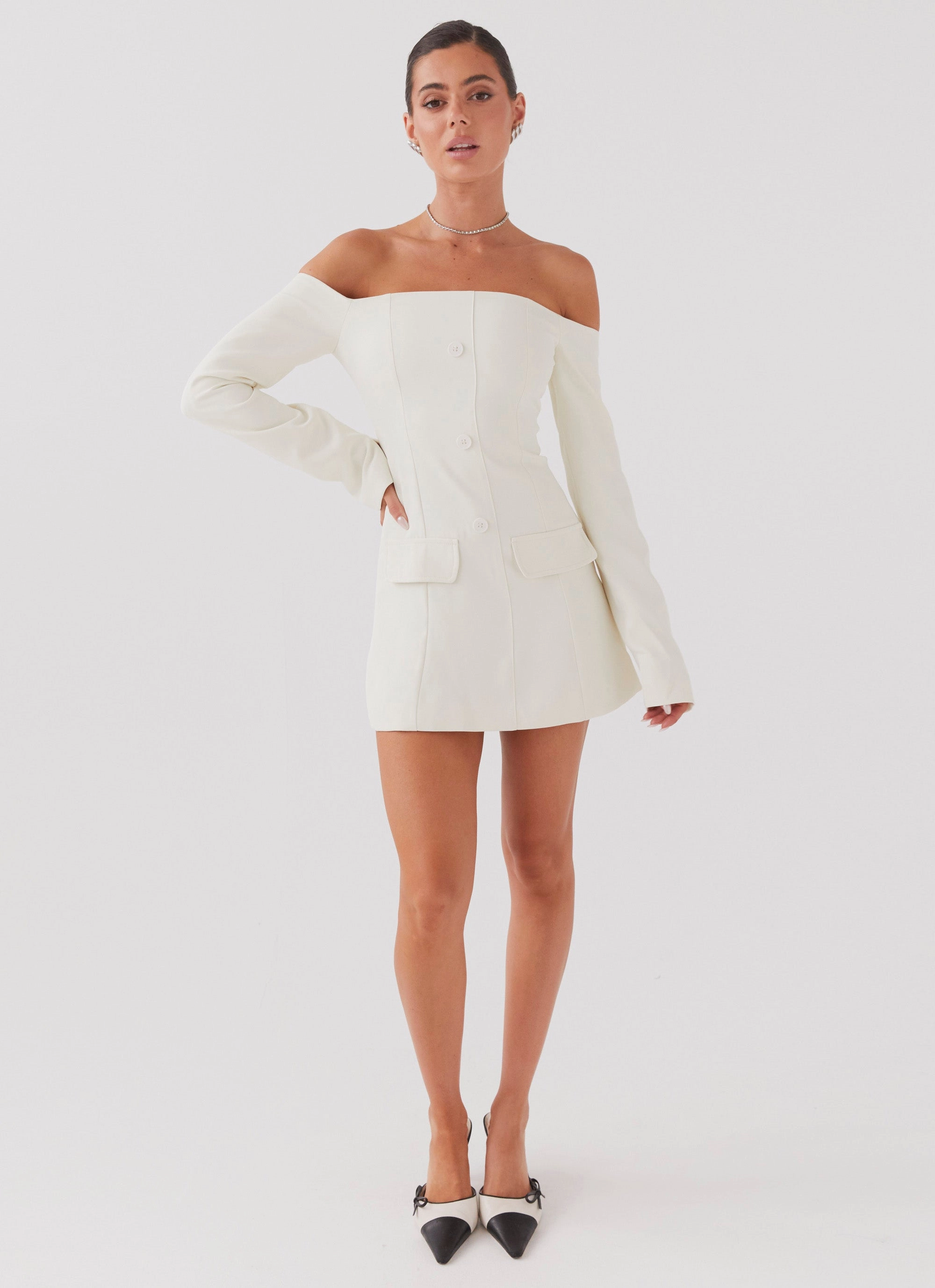 Dominique Blazer Mini Dress - Ivory Cool Season Weekend Edge