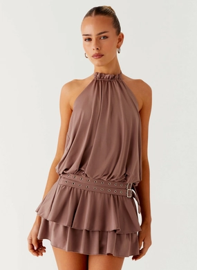 Dopamine Belt Mini Dress - Taupe Lounge Texture Lightweight Fabric